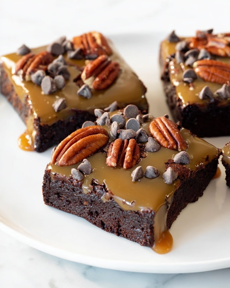 The image shows three square brownies on a white plate, each with two visible layers. The bottom layer is thick, dark brown, and looks moist with a dense texture. On top is a shiny light brown caramel-colored layer that slightly drips over the sides. This top layer is scattered with whole pecan halves and semi-melted dark chocolate chips, adding rough textures and warm brown and dark tones. The plate sits on a smooth white marbled surface. Photo taken with an iphone --ar 4:5 --v 7