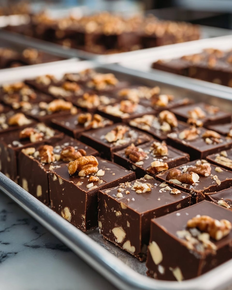 The image shows many thick square pieces of chocolate fudge arranged in neat rows on a large metal tray. Each piece has a smooth, shiny dark brown chocolate top layer with whole walnuts and nut pieces sprinkled on it. Inside the fudge, visible through the sides, are large white nut chunks embedded throughout a dense, rich chocolate base. The tray is set on a white marbled surface, and in the blurry background, there seems to be more similar treats. Photo taken with an iphone --ar 4:5 --v 7