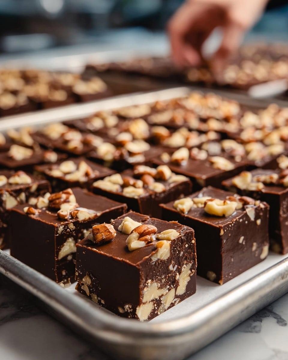 The image shows many square pieces of chocolate fudge with nuts, placed in rows on a metal tray. Each piece has a smooth, dark brown chocolate top layer with whole and chopped nuts mixed inside and resting on top, showing a lighter brown and cream color from the nuts. The fudge squares are thick and have a dense, creamy texture with visible chunks of nuts inside. The background is a white marbled texture, and a woman's hand can be seen reaching in the background. Photo taken with an iphone --ar 4:5 --v 7