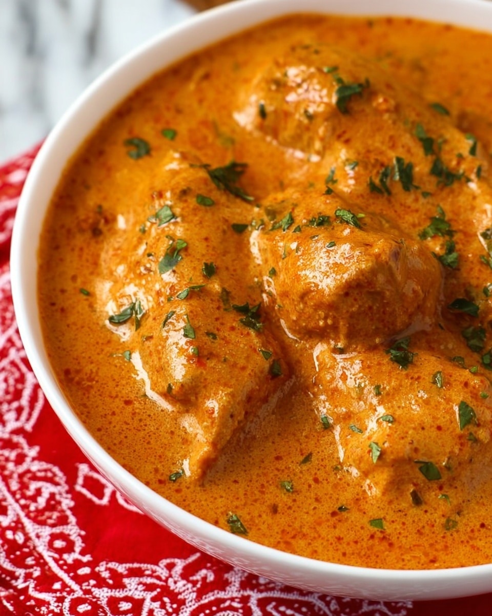 The image shows a close-up of a white bowl filled with a rich, orange-colored creamy sauce that covers several pieces of tender chicken. The sauce has a smooth texture with small green herb pieces sprinkled evenly on top, adding contrast and freshness. The bowl is placed on a red cloth with white intricate patterns, all set against a white marbled texture background. The sauce looks thick and glossy, making the dish appear warm and inviting. Photo taken with an iphone --ar 4:5 --v 7
