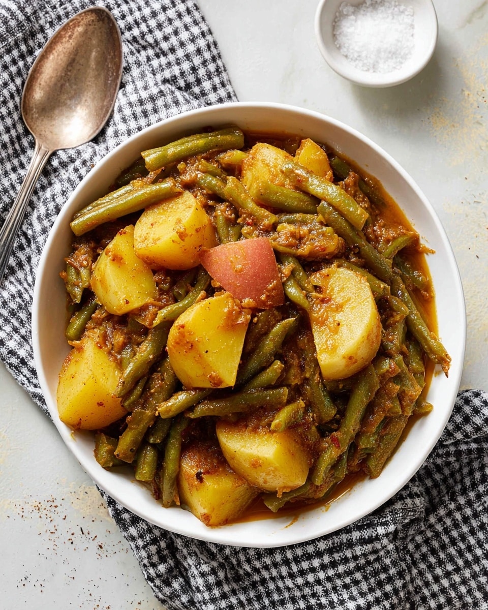 A white bowl filled with a warm vegetable stew shows large chunks of soft yellow potatoes with some red skin visible, mixed with long, green beans. The vegetables are coated in a thick, brownish sauce with small bits of seasoning and ground spices visible throughout. The potatoes and beans are evenly distributed, giving a hearty and rustic look to the dish. The bowl is placed on a cloth with a black and white check pattern on a white marbled surface, with a small white bowl of coarse salt and a vintage silver spoon nearby. Photo taken with an iphone --ar 4:5 --v 7
