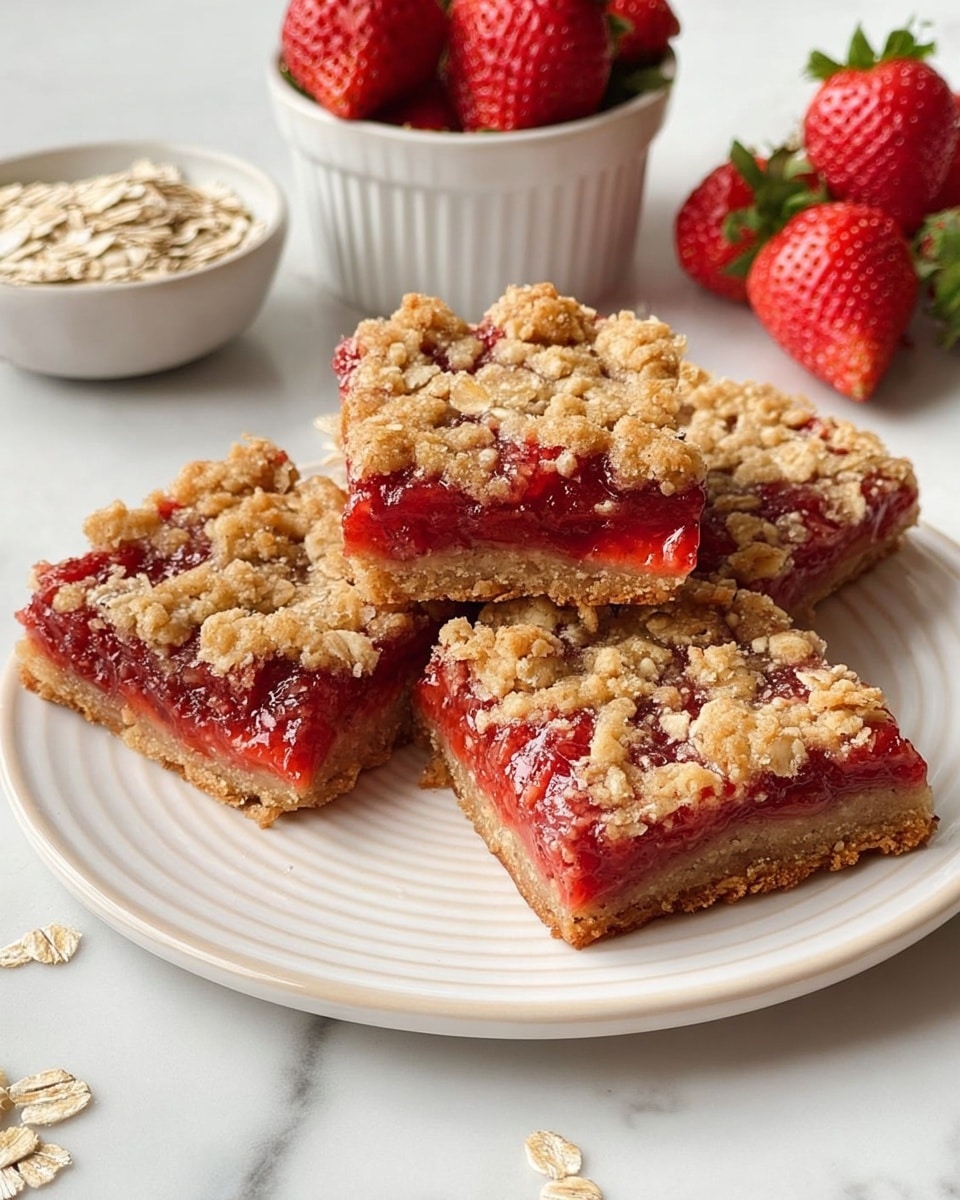 The image shows three square pieces of strawberry crumb bars on a white round plate with ridged edges, placed on a white marbled surface. Each bar has three layers: a light golden brown crumbly base, a thick bright red strawberry filling in the middle with a slightly glossy texture, and a golden brown crumbly oat-topped crust on top with some oats visible for texture. The bars look soft and moist in the middle, contrasting with the crunchy crumbled top. In the background, there are halved fresh strawberries, a white bowl filled with whole strawberries, and a smaller white bowl with oats. Photo taken with an iphone --ar 4:5 --v 7