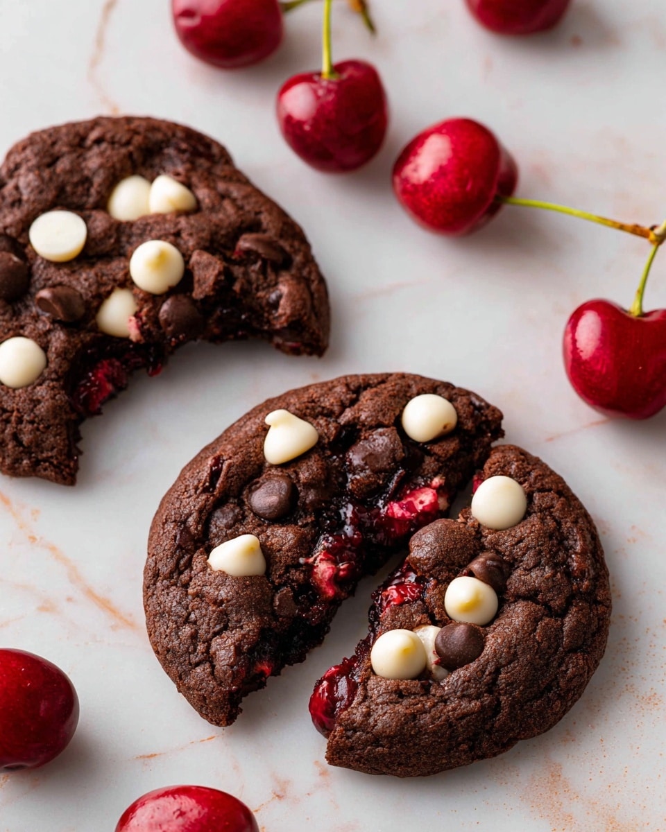 Two round dark brown chocolate cookies with a rough texture are placed on a white marbled surface. Each cookie has white and dark chocolate chips scattered on top, with one cookie broken in half showing a soft, gooey, and moist inside with bits of red cherry mixed with melted chocolate. Around the cookies, there are several fresh bright red cherries with green stems, adding color contrast. The overall look is rich and delicious, focusing on the dark chocolate and cherry combination. photo taken with an iphone --ar 4:5 --v 7