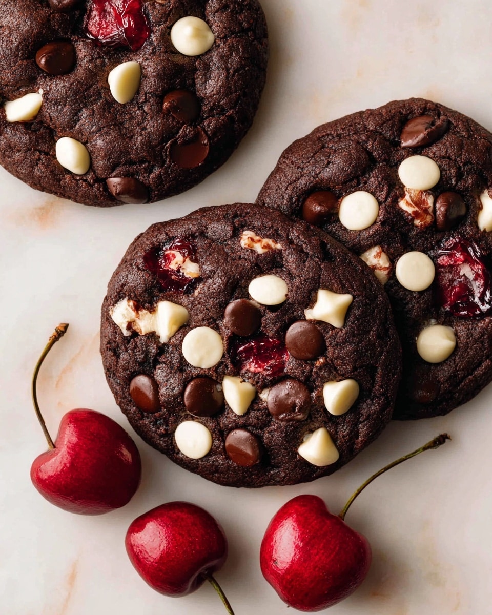 The image shows three thick, dark chocolate cookies on a white marbled surface, each studded with white chocolate and dark chocolate chips that create a bumpy texture on top, along with visible chunks of dark red cherries embedded in the cookie dough. Two shiny red cherries with green stems lie close to the cookies, adding a fresh contrast. The cookies have an uneven, slightly cracked surface showing their rich, dense texture. Photo taken with an iphone --ar 4:5 --v 7