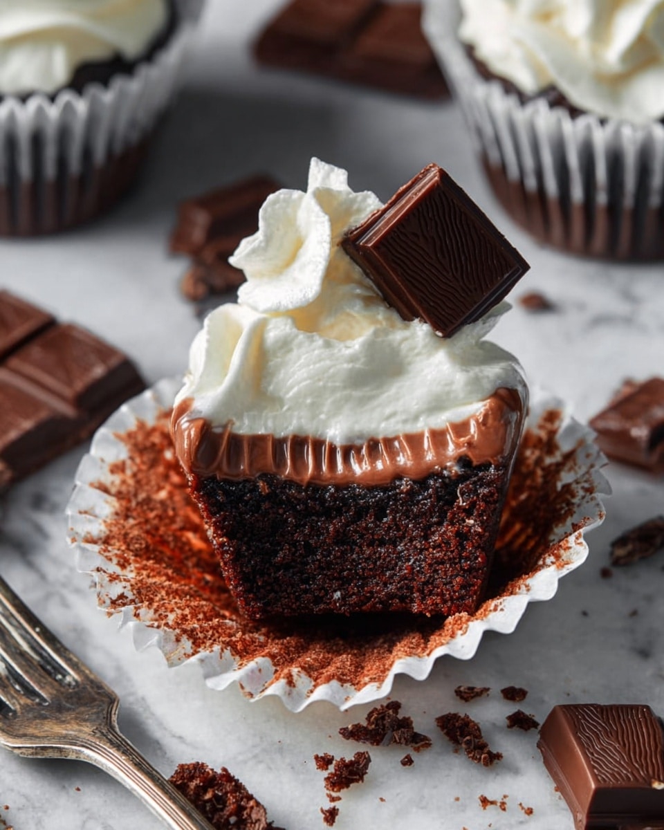 The image shows a close-up of a mini chocolate cupcake with three visible layers: a dark brown crumbly base, a smooth middle layer of rich chocolate ganache with subtle ridges, and a top layer of white whipped cream swirled neatly. A small square of dark chocolate rests partly embedded in the whipped cream. The cupcake sits in a white ridged paper liner, peeled back to reveal the layers. Around it, more small squares of dark chocolate and crumbs are scattered on a white marbled surface. A slightly tarnished silver fork lies off to the side. photo taken with an iphone --ar 4:5 --v 7