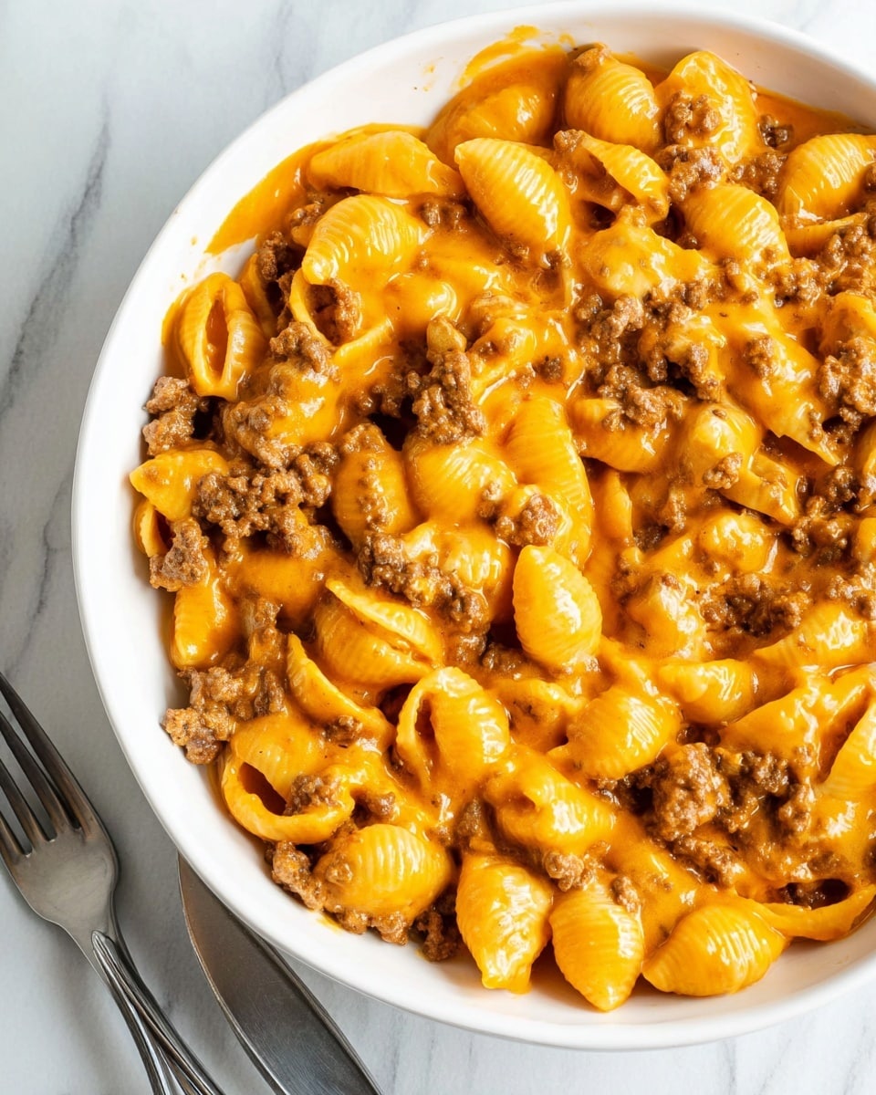 The image shows a close-up of creamy pasta with three layers visible: the top layer is golden yellow shell pasta coated in a thick, bright orange cheese sauce, the middle layer consists of small, browned ground meat pieces mixed evenly with the pasta, and the bottom layer is the cheese sauce pooling slightly at the edge of the white bowl. The pasta and meat are mixed together, giving a rich and hearty texture with a glossy finish from the sauce. The bowl sits on a white marbled surface with a partial view of two metal forks at the bottom right corner. Photo taken with an iphone --ar 4:5 --v 7
