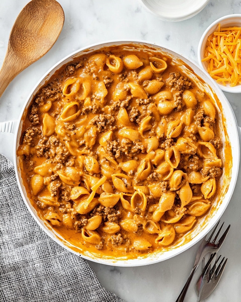A white pan contains a creamy, cheesy pasta dish made with small shell pasta and ground beef mixed throughout. The sauce is thick, smooth, and orange-colored, fully coating the pasta and beef, with some sauce visible on the sides of the pan. The pasta shells are soft, slightly shiny, and evenly mixed with crumbled cooked ground beef. The pan sits on a white marbled surface, near a wooden spoon with sauce remnants on it, a few shredded cheddar cheese pieces, a white bowl, a silver fork, and a gray checkered cloth. Photo taken with an iphone --ar 4:5 --v 7