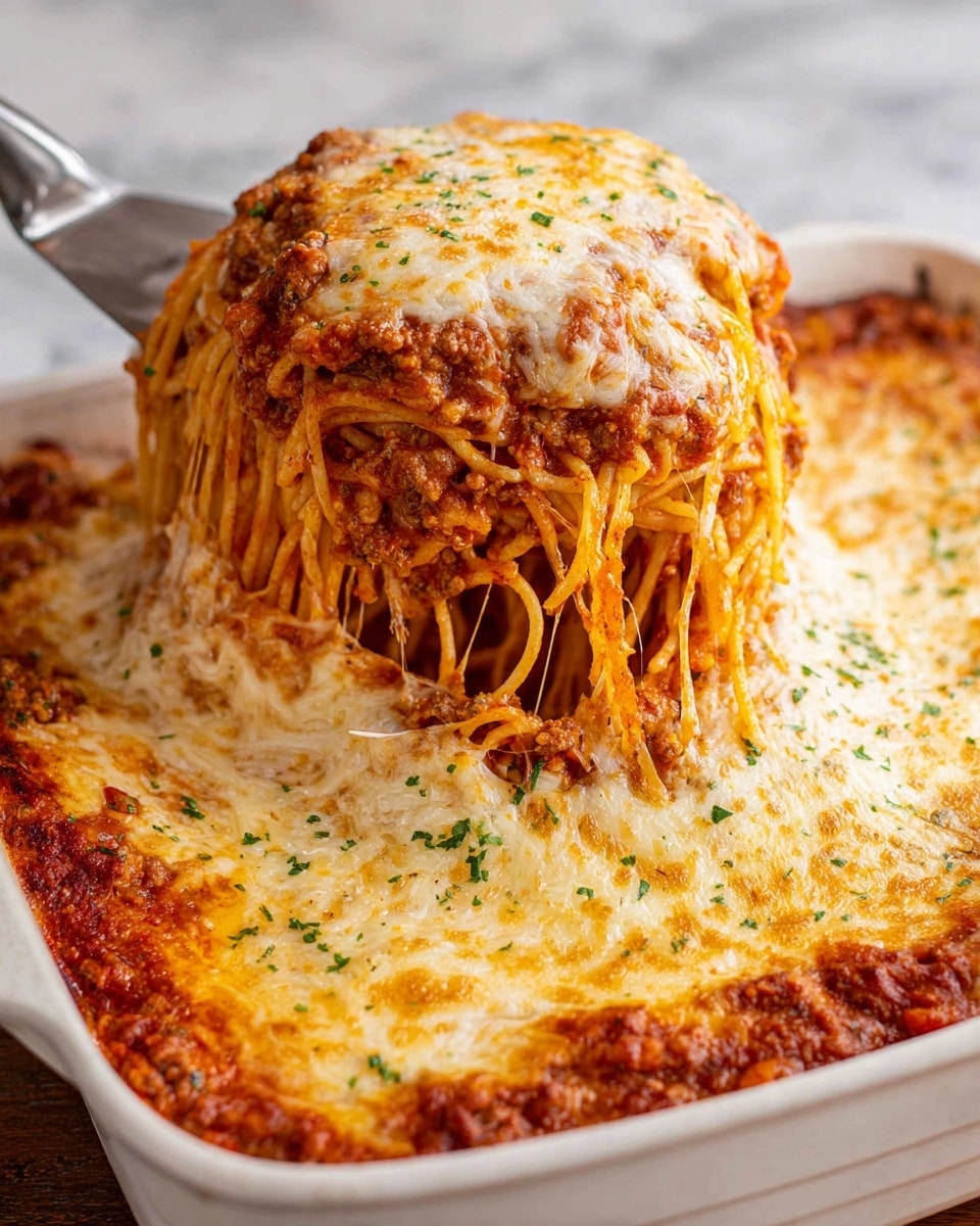 A close-up of a white, deep baking dish filled with three layers, the bottom layer is a rich red meat sauce mixed with cooked spaghetti noodles, above it is a thick layer of red tomato sauce with more noodles visible, and the top layer is golden, melted and slightly browned cheese sprinkled with green herbs, a metal spatula lifts a portion showing the gooey cheese stretching with some noodles dangling, all set on a white marbled texture surface photo taken with an iphone --ar 4:5 --v 7
