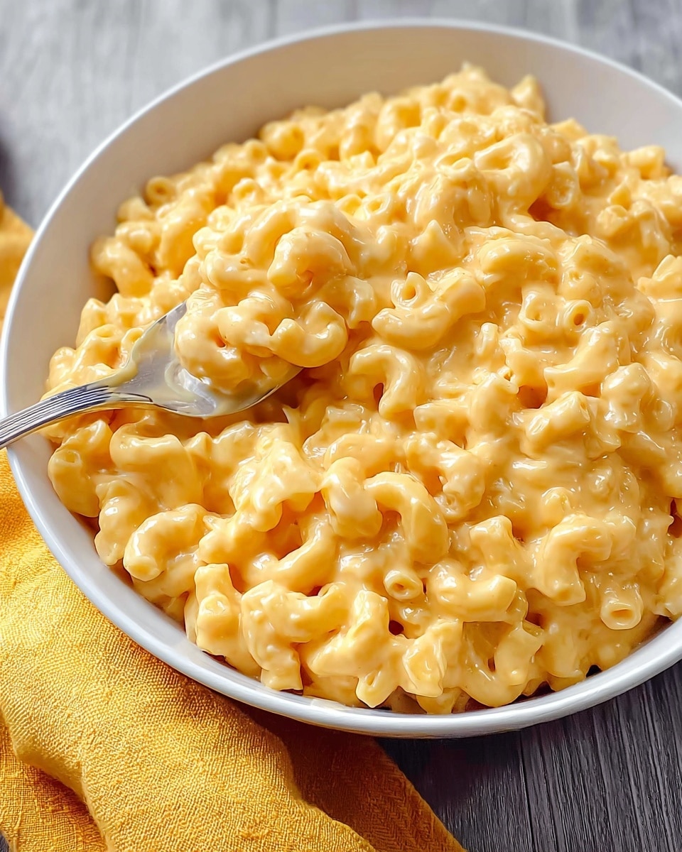 A close-up view of a white bowl filled with creamy macaroni and cheese, showing multiple elbow macaroni noodles coated evenly in smooth, light orange cheese sauce. A spoon on the left side is scooping some of the cheesy noodles, creating a slight dip in the mound of pasta. The bowl sits on a gray wooden surface with a yellow towel nearby. photo taken with an iphone --ar 4:5 --v 7
