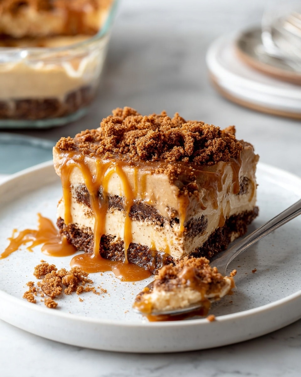 A white plate with a round edge holds a square piece of layered dessert with three visible layers. The bottom and middle layers are dark brown crumbly crust, while the layers in between and on top are light tan, creamy filling. The top layer is covered with crumbled brown biscuit and drizzled with shiny caramel sauce that drips down the sides. A spoon with some caramel and crumbs rests on the plate near the dessert. The background has a white marbled texture with a glass dish holding more dessert in soft focus behind. Photo taken with an iphone --ar 4:5 --v 7