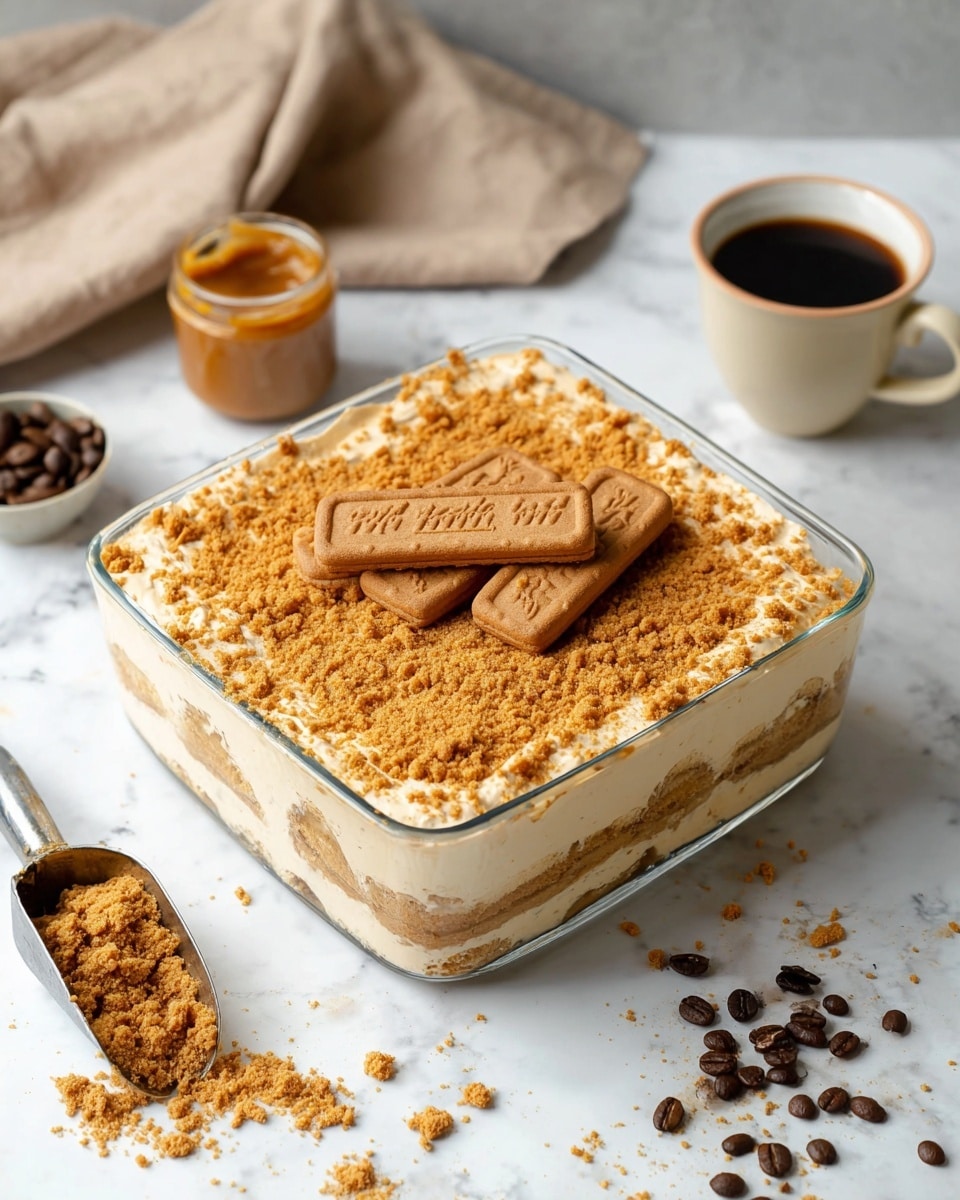 A clear glass square dish shows a layered dessert with three visible layers: the bottom layer is a soft light brown biscuit base, the middle layer is creamy and light beige with pieces of biscuits soaked inside, and the top layer is a thick, smooth cream covered in a generous amount of fine golden-brown biscuit crumbs. Two whole rectangular biscuits sit on top, slightly spaced apart, giving texture and detail. The dish rests on a white marbled surface with scattered crumbs nearby, surrounded by a small metal scoop of crumbs, a small bowl of dark coffee beans, a jar of caramel-colored spread, and a light ceramic cup of dark coffee in the background, with a soft beige cloth draped behind. photo taken with an iphone --ar 4:5 --v 7