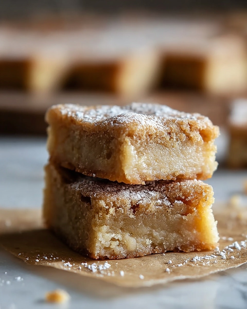 The image shows two square, golden brown blondie bars stacked on top of each other on a piece of parchment paper, placed on a white marbled surface. Each bar has a thick, soft, and crumbly texture with a slightly chewy center and a baked, lightly crisp top layer dusted with a light sprinkle of powdered sugar. In the background, blurred pieces of similar blondies are visible, creating a warm and inviting scene. Photo taken with an iphone --ar 4:5 --v 7