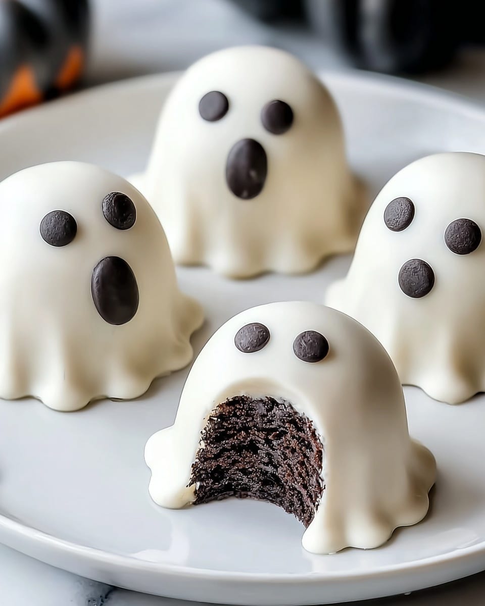 Five small ghost-shaped cakes sit on a white plate over a white marbled surface. Each cake has a smooth, white outer layer shaped like a ghost with two dark chocolate round eyes on top. The front cake shows its inside, with a bite taken out, revealing a dark, crumbly chocolate center. The other four cakes have black oval and round shapes to mimic ghost faces, with smooth white coating flowing naturally at the base. The overall look is cute and spooky, fitting for a fun Halloween dessert. photo taken with an iphone --ar 4:5 --v 7