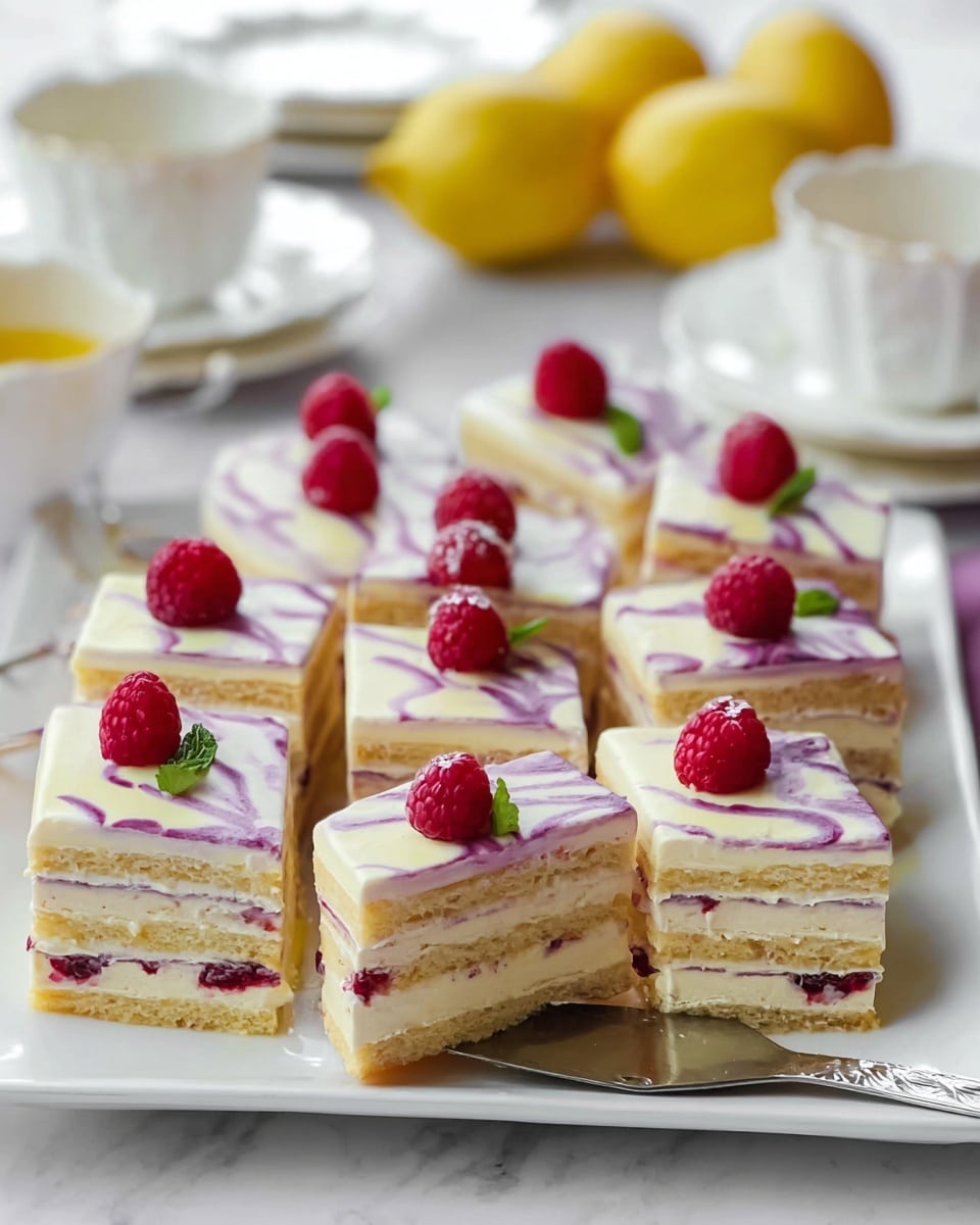 The image shows a white plate filled with rectangular layered cakes each with about five visible layers of light beige cake and a creamy white filling with a hint of lavender swirl on the top layer, decorated with fresh red raspberries and small green mint leaves on top. The white cream layer has a glossy finish with purple swirls creatively spread across it. In the background, blurred white bowls hold whole lemons, and white plates with some yellow sauce on them sit on a white marbled surface. A silver cake server rests under one of the cakes on the plate. photo taken with an iphone --ar 4:5 --v 7