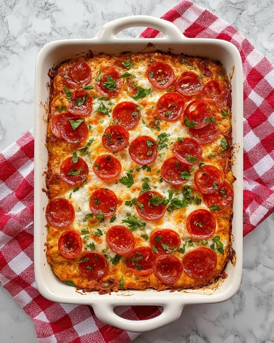This is a baked pepperoni pizza casserole in a white ceramic dish with handles, placed on a red and white checkered cloth over a white marbled surface. The casserole has several layers visible from the top: a bottom layer of melted cheese mixed with sauce, a middle layer of scattered pepperoni slices that are bright red with slightly curled and crispy edges, and a top layer of melted cheese that is golden brown and bubbly in some spots. Fresh green parsley leaves are sprinkled evenly across the top, adding a touch of color contrast against the red pepperoni and yellow cheese. The edges of the casserole are slightly browned, showing a well-cooked texture. photo taken with an iphone --ar 4:5 --v 7