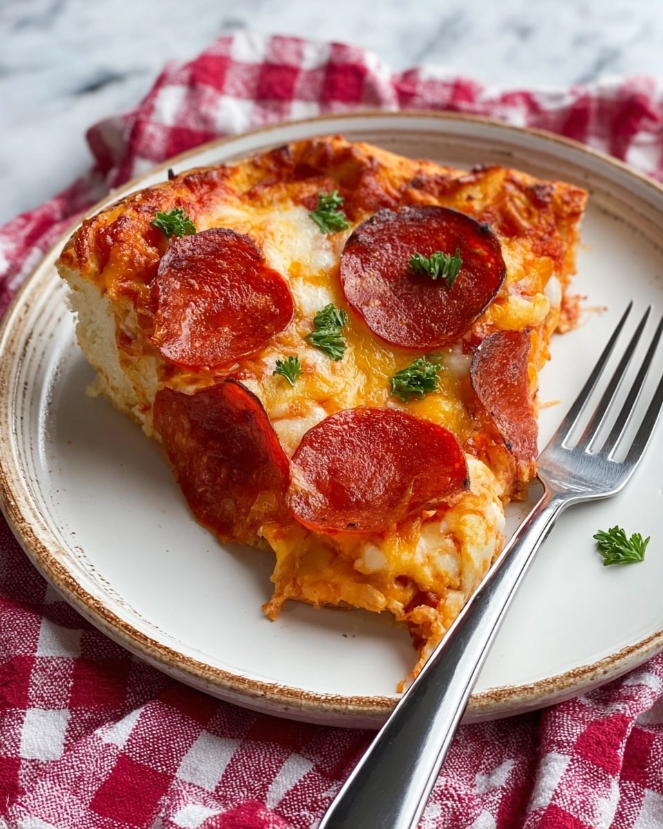 A slice of pepperoni pizza sits on a white plate with a slightly worn brown edge, with a silver fork resting on the right side of the plate. The pizza has three main layers: a thick, soft, and fluffy white dough base; a bright red tomato sauce layer above that; and a melted golden-yellow cheese layer on top, bubbling in places. Several pepperoni slices with a shiny, oily surface are scattered on the cheese, along with a few small sprigs of green parsley. The plate is placed on a red-and-white checkered cloth, all set on a white marbled surface. Photo taken with an iphone --ar 4:5 --v 7
