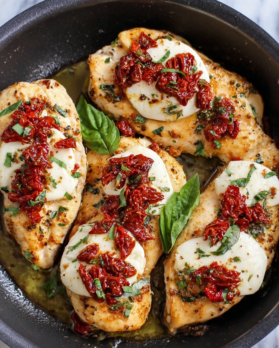 The image shows five cooked chicken breasts arranged closely in a black pan. Each piece of chicken has two small rounds of white mozzarella cheese on top, scattered with small pieces of bright red sun-dried tomatoes and finely chopped green basil leaves. The chicken has a golden-brown color with a slight glaze from cooking oil visible around the edges. The cheese looks soft and fresh, slightly melting onto the warm chicken, while the red tomatoes add a textured contrast. The green basil leaves are fresh and placed both under and on top of the cheese and tomatoes for decoration. The whole scene is focused tightly on the chicken in the pan with no other elements visible, and the background is a white marbled texture. photo taken with an iphone --ar 4:5 --v 7