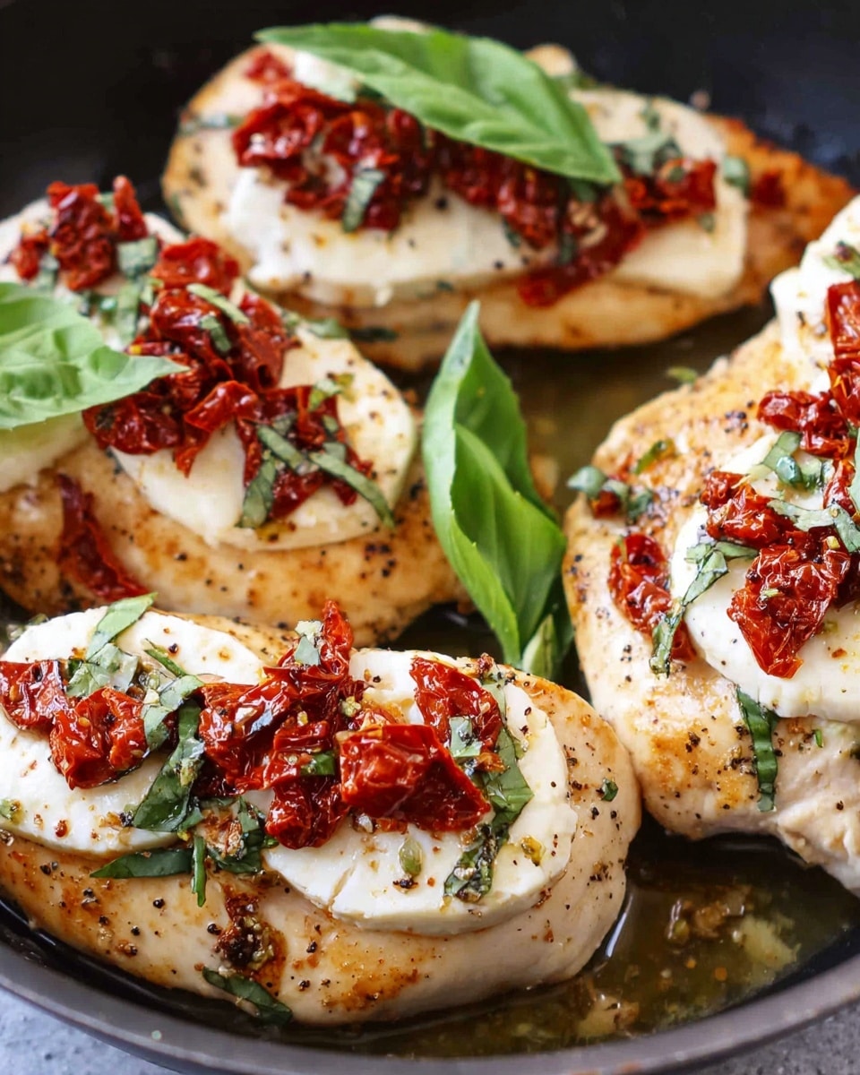 The image shows several pieces of cooked chicken breast, each topped with two to three slices of white, soft cheese. On top of the cheese, there are small, bright red chunks of sun-dried tomatoes and finely cut green basil leaves scattered over the dish. One piece is also garnished with whole fresh green basil leaves. The chicken has a light brown, slightly crispy texture. The whole setup rests in a black pan, contrasting with the white marbled texture visible in the background. photo taken with an iphone --ar 4:5 --v 7