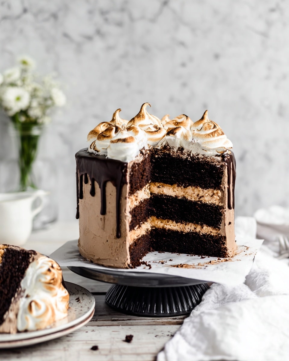 A three-layer dark chocolate cake with thick light brown frosting between each layer and covering the outside, topped with a glossy dark chocolate drip down the sides. The cake is decorated with dollops of toasted white meringue on top, each slightly browned and swirled. One large slice is cut out, showing the rich, moist texture of the chocolate layers. The cake sits on white parchment paper on a dark ridged cake stand, all placed on a white marbled surface. A white cloth and a small vase with white flowers are in the background. Photo taken with an iphone --ar 4:5 --v 7