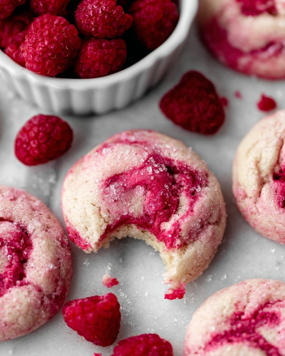 The image shows soft, round pink cookies with bright red raspberry swirls baked inside. The cookies have a slightly rough texture with sugar crystals on top making them sparkle. One cookie in the center has a bite taken out of it, revealing a soft, moist inside with the raspberry mix spread unevenly. Around the cookies, pieces of fresh bright red raspberry are scattered, with one white bowl filled with more raspberries in the background. All cookies and raspberries rest on a white marbled surface that adds a smooth, clean look to the image. photo taken with an iphone --ar 4:5 --v 7