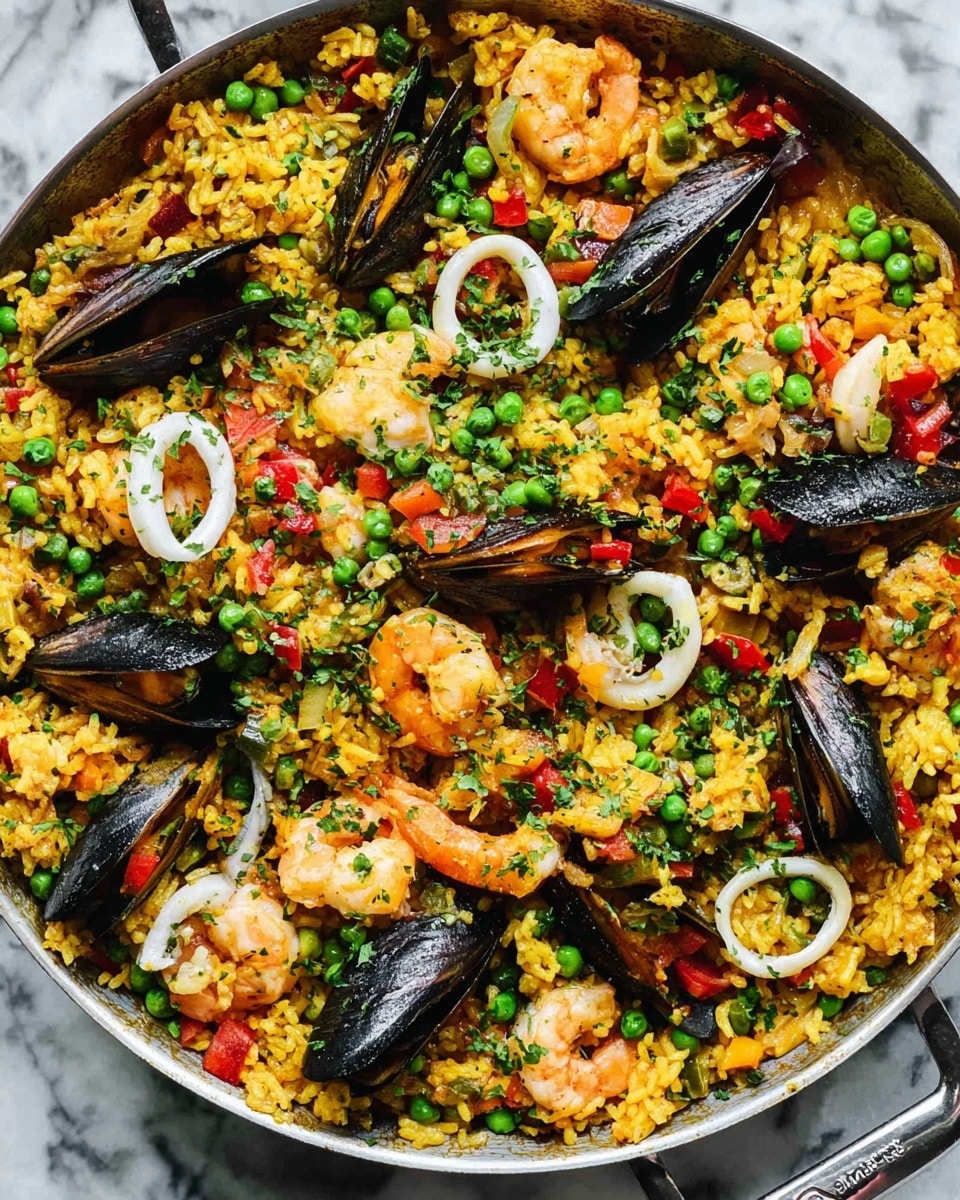 A large pan filled with yellow rice mixed with bright green peas, small pieces of red and green bell peppers, and chopped herbs spread evenly. Scattered on top and throughout are seafood pieces including pink shrimp with tails, black mussels with shiny shells, and white rings of squid. The rice looks moist and fluffy with a mix of textures from the soft seafood and tender vegetables. The pan is placed on a white marbled surface, and the photo is taken very close up to capture the colorful details and textures. photo taken with an iphone --ar 4:5 --v 7