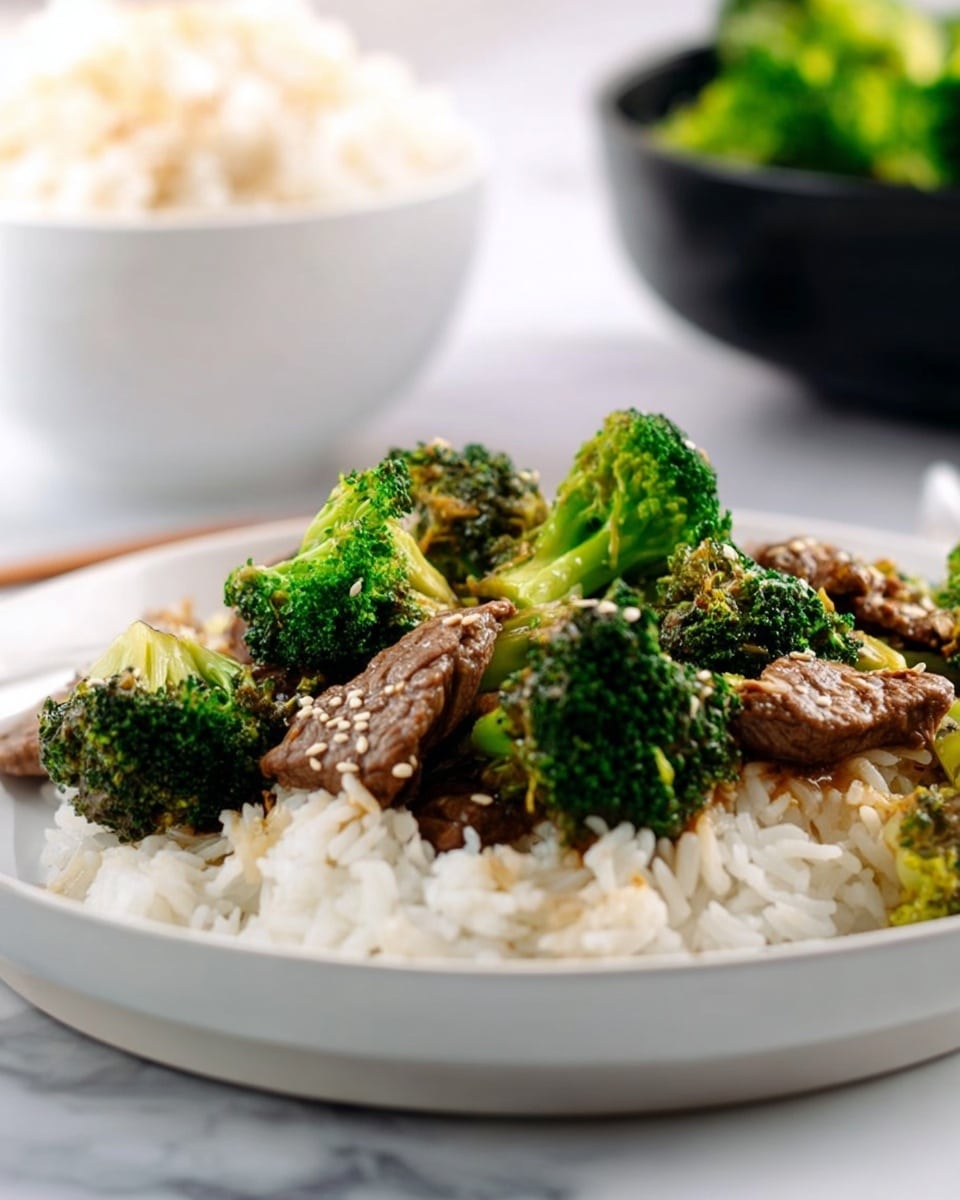 A white plate on a white marbled surface holds a dish with three main layers: the bottom layer is fluffy white rice spread evenly, the middle layer has brown beef chunks lightly covered in sauce, and the top layer features bright green broccoli florets scattered across the beef and rice. Some sesame seeds are sprinkled over the beef and broccoli. In the background, there's a blurred white bowl with more rice and a black bowl with greens. photo taken with an iphone --ar 4:5 --v 7