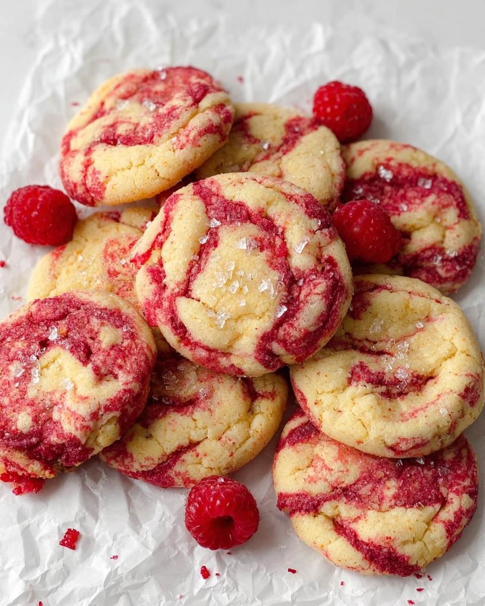 This image shows a pile of soft round cookies with a pale yellow base color swirled with bright red raspberry streaks that create a marbled look. The cookies have a slightly cracked texture on top with small shiny sugar crystals sprinkled over them. Scattered around and among the cookies are a few fresh whole red raspberries adding more color and freshness. The cookies are placed on a crumpled white paper that lies on a white marbled surface, showing some red smudges from the raspberries. photo taken with an iphone --ar 4:5 --v 7