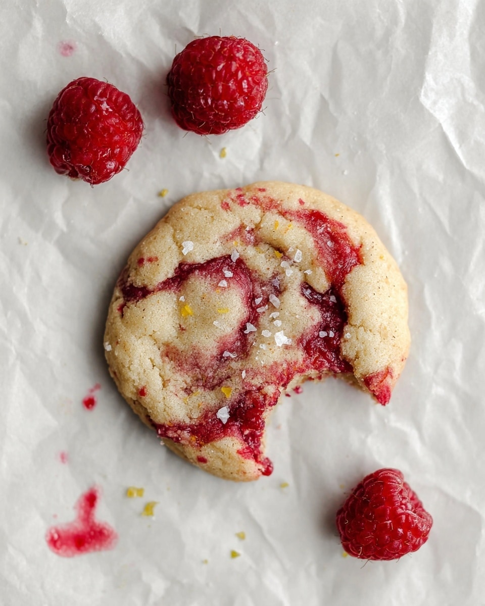 A single round cookie with a bite taken from its top right side lies on crumpled white parchment paper over a white marbled surface. The cookie has a soft, pale golden base with swirls and patches of deep red raspberry streaks running through it. Coarse salt crystals and tiny yellow lemon zest pieces are scattered on the top, adding texture. Around the cookie, three whole fresh raspberries are placed, one below and two above, with some raspberry juice smudged faintly on the parchment. The photo is bright, with soft natural light highlighting the texture of the cookie and raspberries. photo taken with an iphone --ar 4:5 --v 7