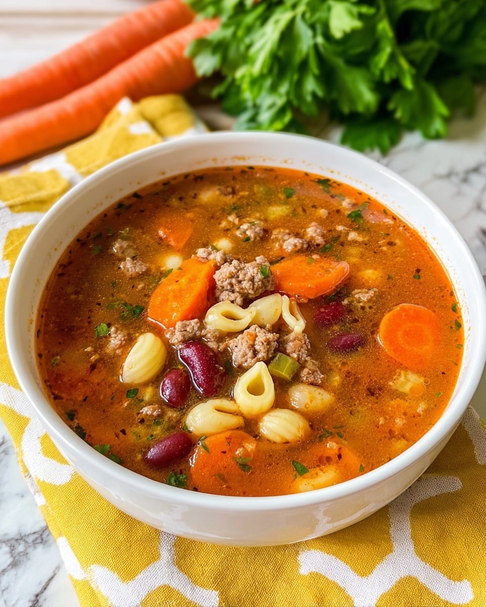 A white bowl filled with one layer of soup that has a rich orange-brown broth with visible herbs and spices. Floating inside are several ingredients including light brown ground meat chunks, bright orange carrot slices, deep red kidney beans, pale yellow small shell pasta, and light green celery pieces, all evenly mixed. The bowl is placed on a yellow cloth with white geometric patterns, set on a white marbled surface with green leafy vegetables and two whole carrots in the background. photo taken with an iphone --ar 4:5 --v 7
