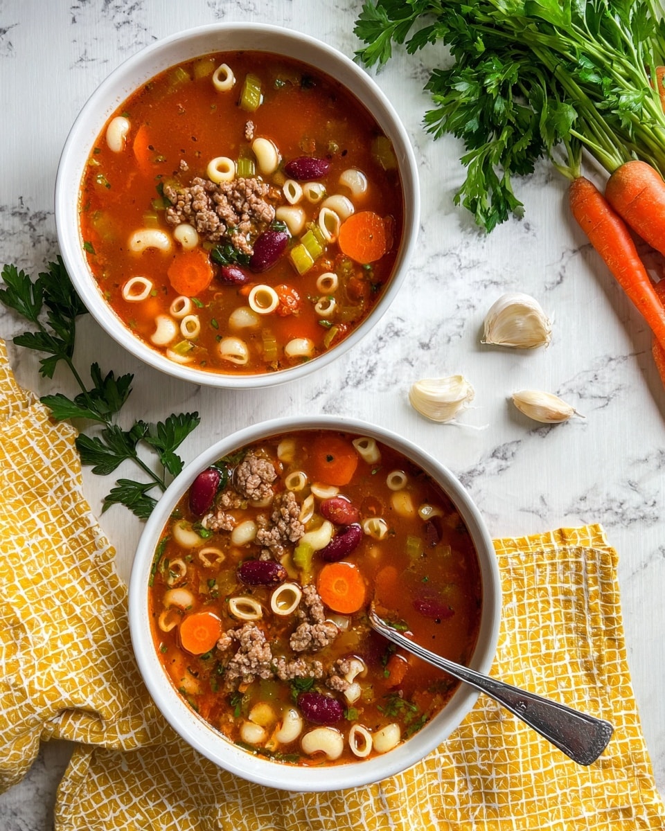 Two white bowls sit on a white marbled surface, each filled with a colorful vegetable and meat soup. The soup has three main layers: a clear red broth at the top, floating pieces of small pasta shells that are light cream in color, and chunks of ground meat mixed with bright orange carrot slices, dark red kidney beans, and bits of green herbs and celery. One bowl has a metal spoon inside, partially submerged in the soup. Around the bowls, there are four garlic cloves and a sprig of parsley on the surface, two fresh carrots, and a bunch of parsley in the top right corner. A yellow cloth with white square patterns is partially underneath the bowls. Photo taken with an iphone --ar 4:5 --v 7