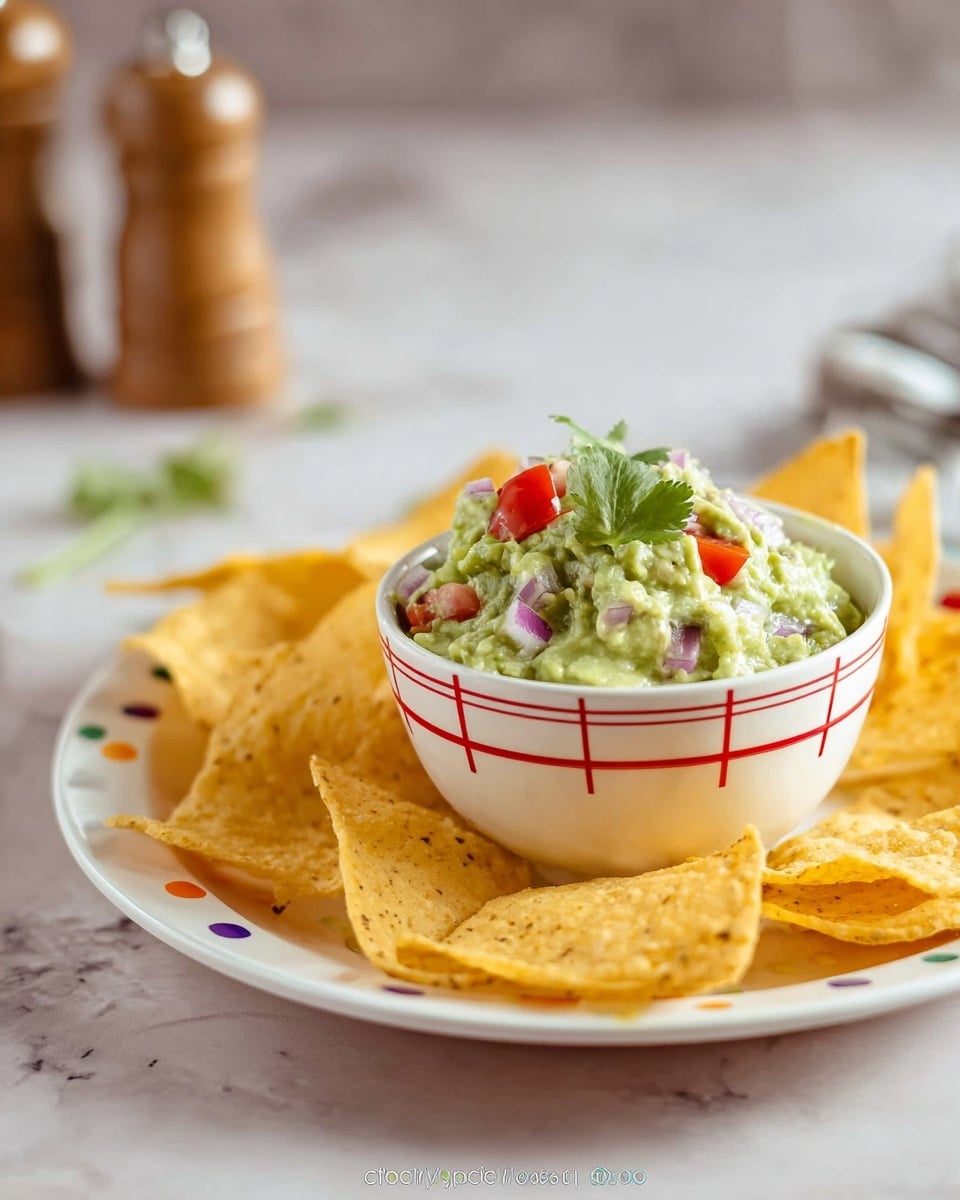 A white plate with colorful dots holds a small white bowl with red checkered pattern filled with chunky guacamole that has pieces of red tomatoes, purple onions, and green cilantro on top. Around the bowl, there are golden-yellow triangular tortilla chips scattered neatly. The background is a white marbled texture with a blurred salt and pepper shaker set in the back. photo taken with an iphone --ar 4:5 --v 7