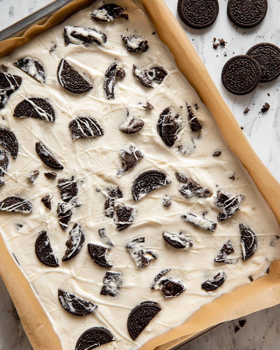 The image shows a baking tray lined with parchment paper filled with two main layers. The bottom layer is a smooth, creamy white base that looks thick and slightly textured. On top of this white base, there are broken pieces of dark chocolate sandwich cookies with white filling, irregularly scattered and partially immersed in the creamy layer. A thin white drizzle is lightly spread over the cookies, adding a fine textured detail. The tray is placed on a white marbled surface, with some whole dark chocolate sandwich cookies on the side. photo taken with an iphone --ar 4:5 --v 7