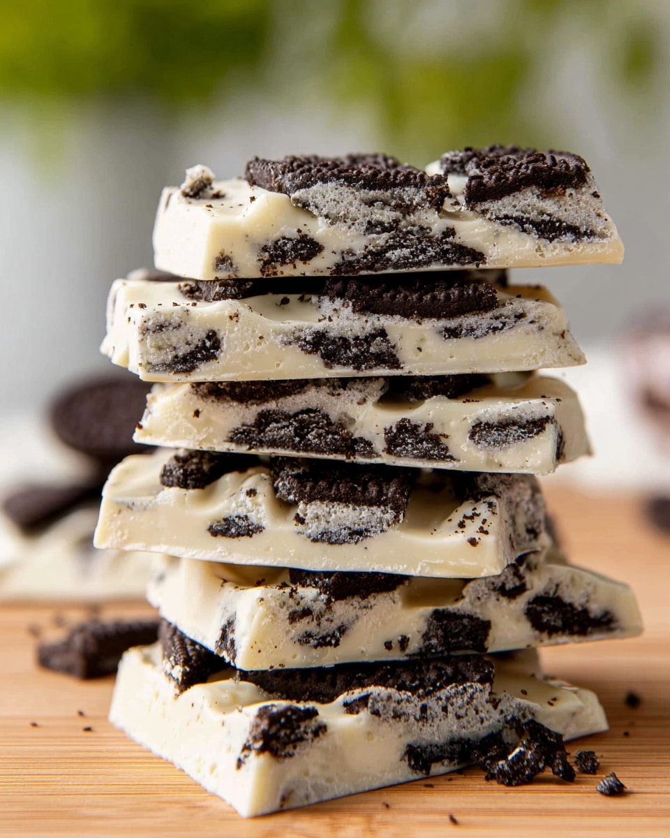 A stack of five thick, uneven pieces of white chocolate bark filled with crushed black and white cookies is shown close up. Each piece has layers of creamy white chocolate embedded with rough, broken bits of dark chocolate cookie with white cream filling, creating a speckled and textured look in each thick slab. The stack is placed on a light wooden surface with a blurred background that features green and white tones. The cookies inside the bark appear chunky and irregularly spread throughout the dense white chocolate layers. Photo taken with an iphone --ar 4:5 --v 7