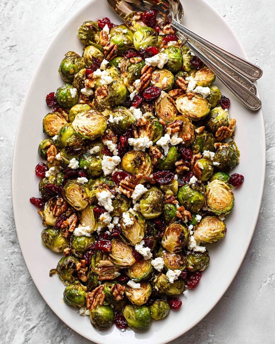 A large white oval plate is filled with a mix of roasted Brussels sprouts that have a golden brown and slightly charred texture on the outside, with some cut in half showing their layered green and light yellow interior. Scattered evenly over the Brussels sprouts are small chunks of crumbly white cheese, bright red dried cranberries, and small brown pecan pieces, adding pops of color and texture contrast. Two silver serving spoons rest on the top left side of the plate with some Brussels sprouts on them. The plate sits on a white marbled textured surface, giving a clean and bright background. photo taken with an iphone --ar 4:5 --v 7