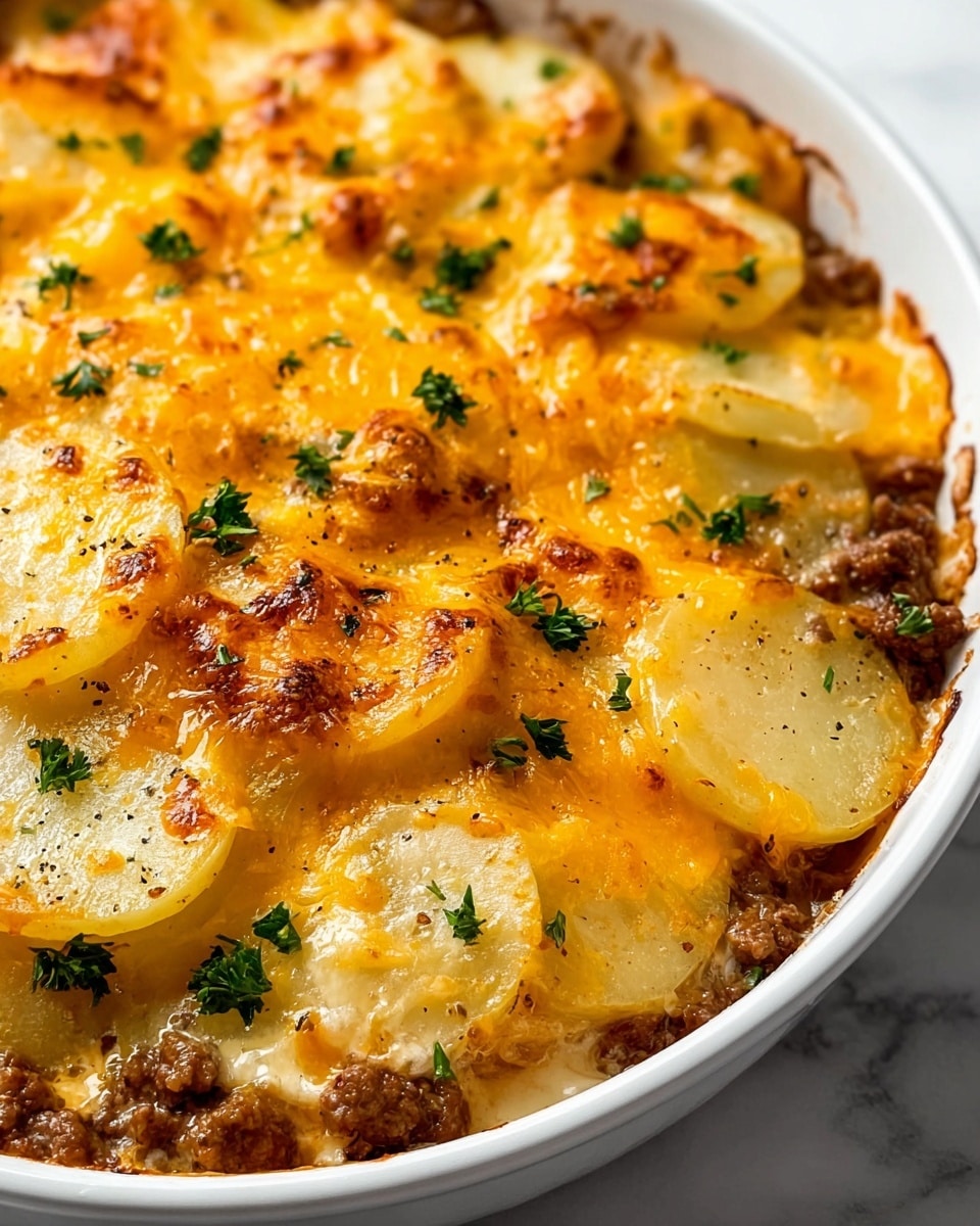A white round dish filled with a baked layered casserole featuring tender ground meat at the bottom, covered evenly with thin creamy yellow potato slices seasoned with black pepper. The top layer is melted golden-orange cheddar cheese, bubbling and slightly browned in spots, sprinkled with small bright green parsley pieces. The textures range from soft potatoes to crumbly meat and gooey cheese, all blending together under warm light. The dish rests on a white marbled surface. photo taken with an iphone --ar 4:5 --v 7
