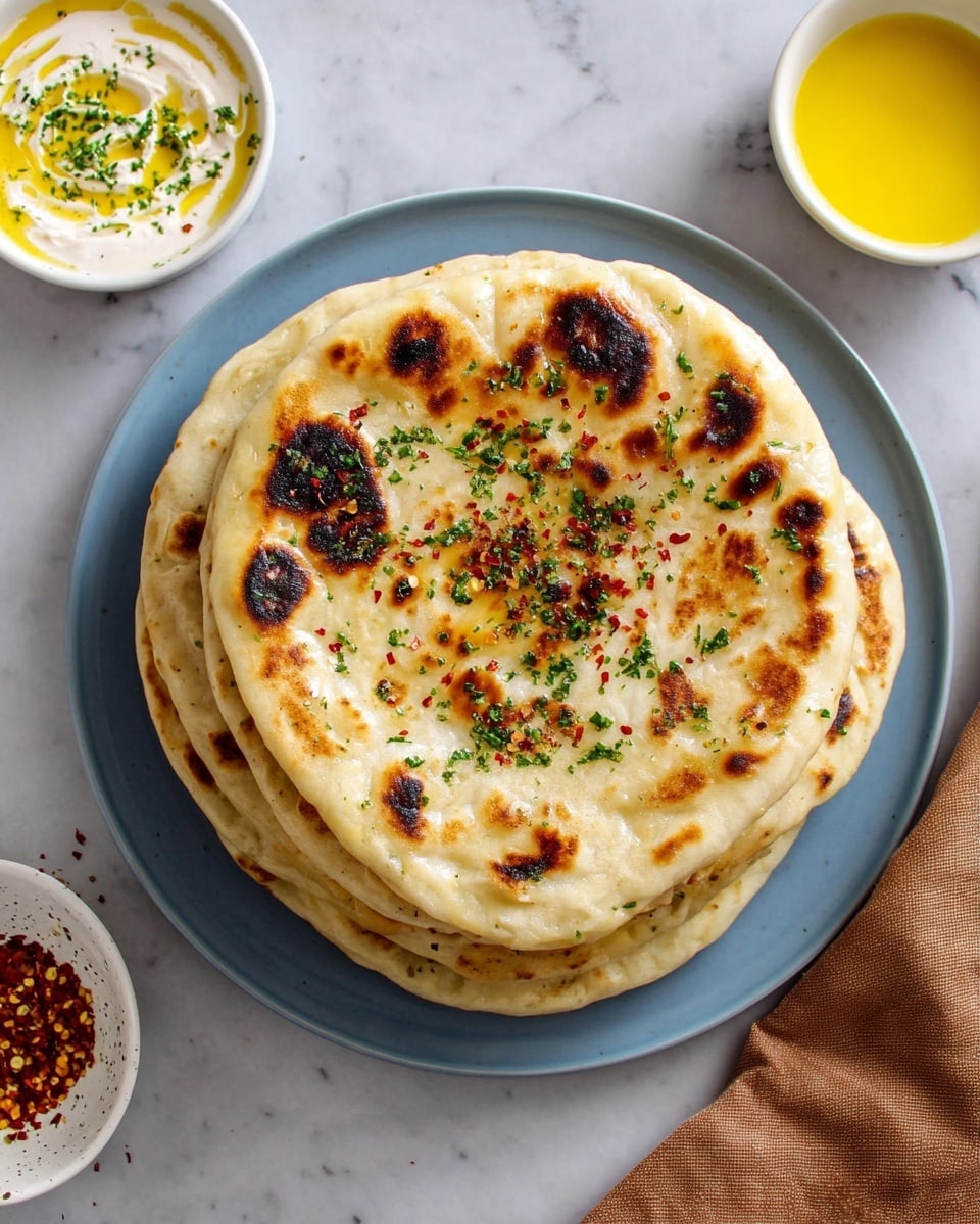 A stack of five round flatbreads with a light golden color and dark brown toasted spots sits in the center of a white plate. The top flatbread is sprinkled with small green chopped herbs and red chili flakes, adding color contrast. On the bottom left, there is a small white bowl filled with a creamy white sauce with a yellow topping and green herb garnish. On the top right, a small white bowl holds melted yellow butter. A soft brown cloth is partly visible on the right side of the frame. The background is a white marbled texture. photo taken with an iphone --ar 4:5 --v 7