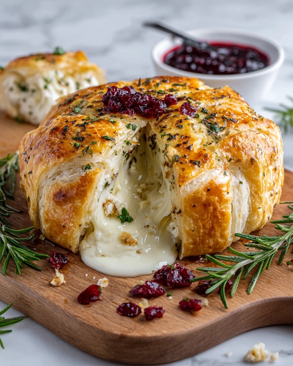 A round baked cheese wrapped in golden brown, flaky puff pastry with glossy, crisp layers featuring green herb sprinkles on top and baked into the crust. The cheese inside is melted and creamy white with herbs mixed in, oozing out from a cut section near the front. There are red dried berries scattered on the cheese and around the wooden board it sits on, with some green rosemary sprigs nearby. In the background, there is a white bowl filled with dark red berry sauce. The whole scene is set on a white marbled surface. photo taken with an iphone --ar 4:5 --v 7