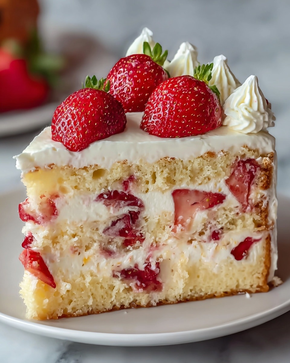 A slice of strawberry shortcake is shown on a white plate placed on a white marbled surface. The cake has three main layers: a light golden sponge base layer with visible small strawberry pieces inside, a thick creamy white filling layer with chopped strawberries mixed throughout, and a top sponge layer similar to the base. On top of this top layer is a smooth white cream spread with several halved fresh strawberries neatly set in the cream. Around the edge, small white whipped cream swirls decorate the slice, adding texture and height. The strawberries are bright red with small yellow seeds and green leaves on some. Photo taken with an iphone --ar 4:5 --v 7