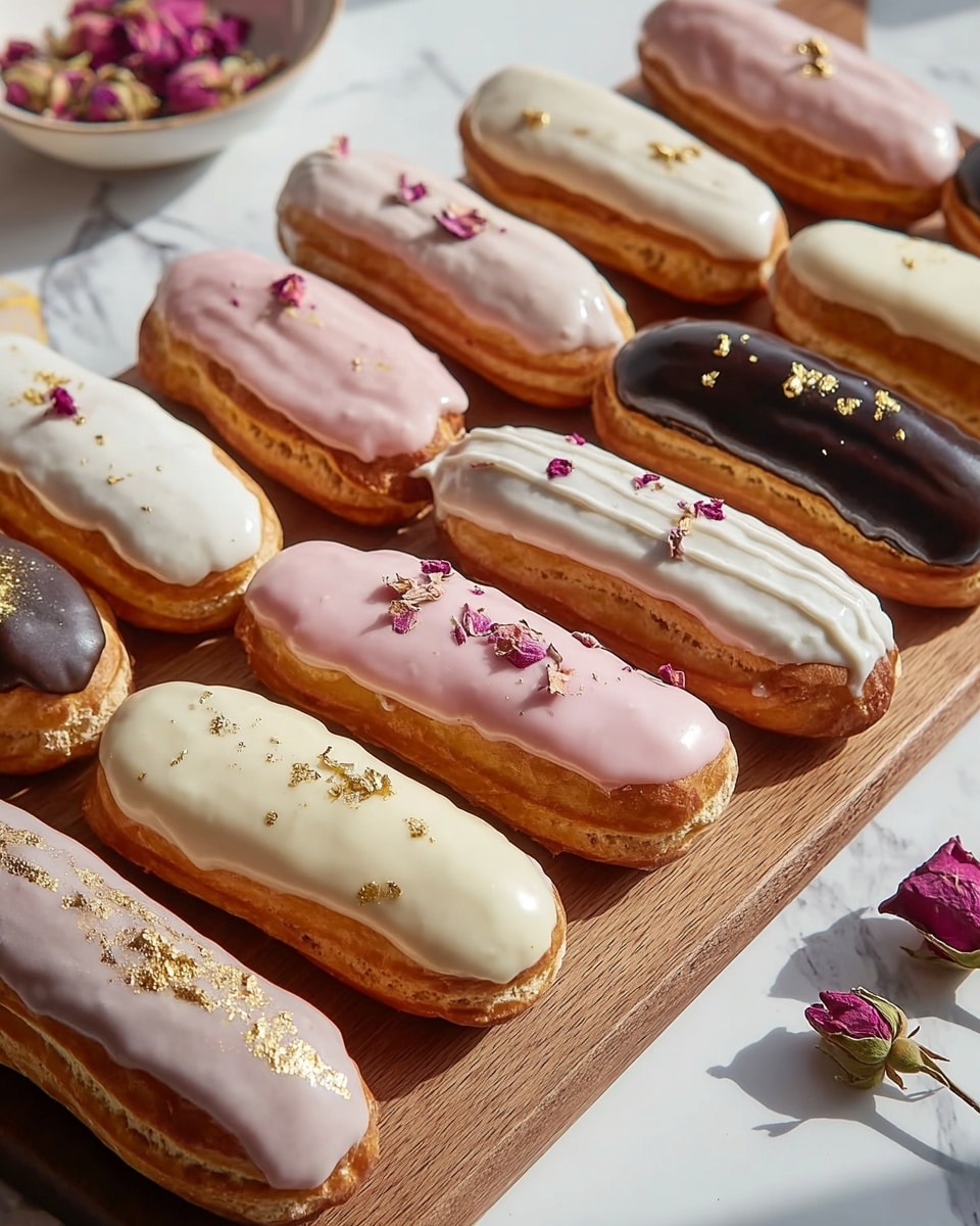 A wooden board holds ten neatly arranged eclairs, each with a single layer of smooth, glossy icing on top. The icing colors vary between pale pink, creamy white, and rich dark chocolate. Some eclairs have delicate edible gold leaf scattered on their icing, while others have tiny dried pink rose petals as decoration. The pastry beneath is light golden with a slightly crisp texture. The board sits on a white marbled surface with a few dried rose buds scattered near the edge, and soft natural light highlights the shiny icing and textures. photo taken with an iphone --ar 4:5 --v 7