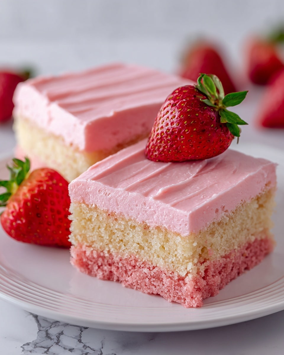 The image shows two pieces of pink frosted bars placed on a white plate with a clear edge design. Each bar has two layers: a thicker, soft, crumbly pink cake layer at the bottom and a smooth, light pink frosting layer on top. The focus is on the close-up of the bars with one bar tilted slightly to show the inside texture. In the corner of the image, there is a fresh red strawberry with green leaves. The background is a white marbled texture. photo taken with an iphone --ar 4:5 --v 7
