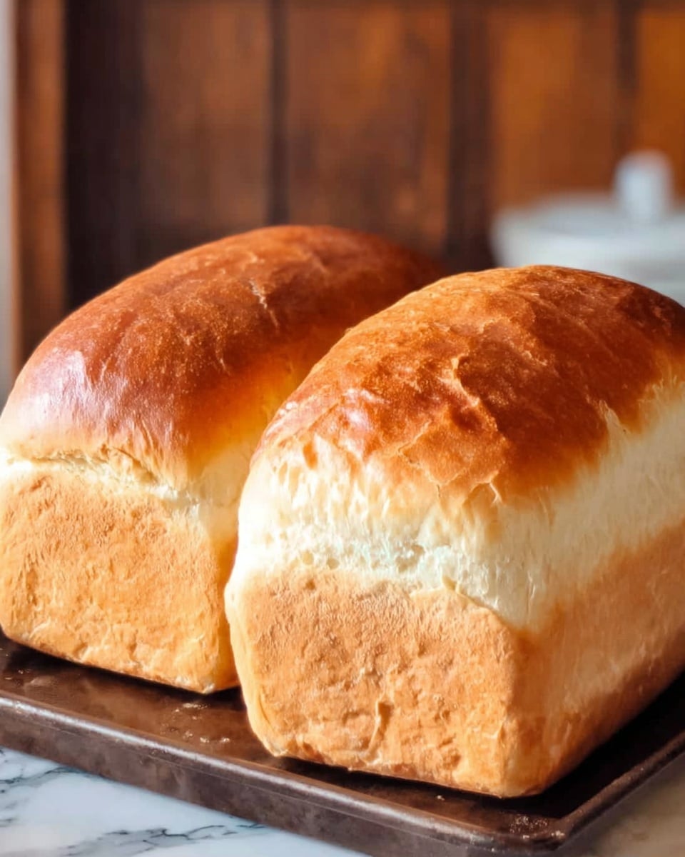 Two freshly baked bread loaves sit side by side on a dark baking tray. Each loaf has a golden brown top crust with a smooth, slightly shiny texture, showing soft indentations and small cracks. The sides and bottoms of the loaves are a lighter beige color with a rougher and more porous surface. The background shows a blurred wooden interior and a white marbled texture beneath the tray. photo taken with an iphone --ar 4:5 --v 7