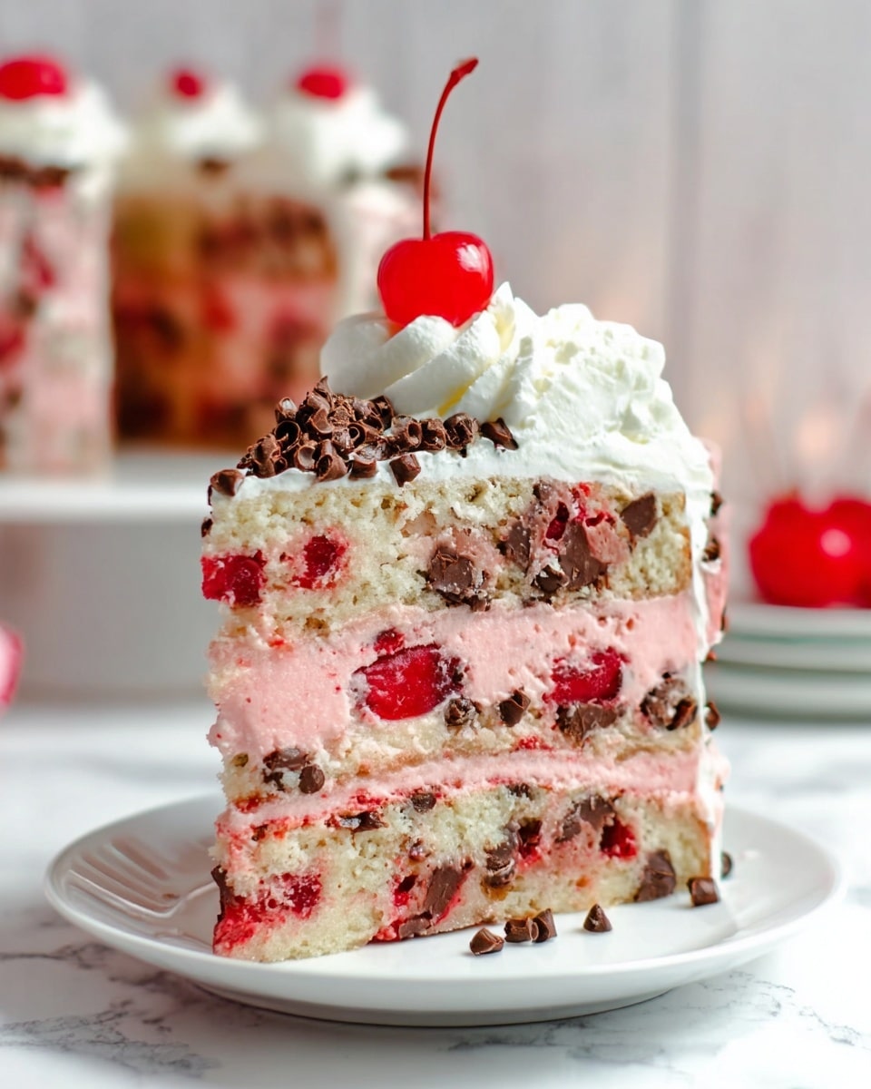 A slice of cake with multiple layers sits on a white plate over a white marbled surface. There are four main layers of light-colored cake embedded with red cherries and chocolate chips. Between these cake layers are three thick layers of pink frosting, some of which has bits of cherries mixed in. On top, a thick layer of white frosting is sprinkled with small chocolate shavings and swirled with a large dollop of white whipped cream. Sitting on the whipped cream is a bright red cherry with a stem. The background shows blurred pieces of the same cake against a softly lit white marbled surface. photo taken with an iphone --ar 4:5 --v 7