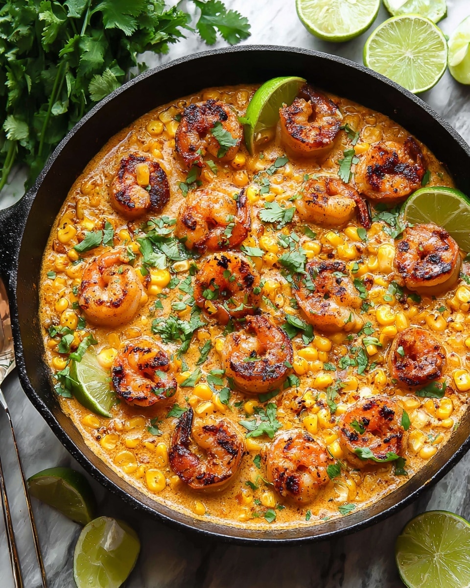 A black skillet filled with a creamy orange sauce base with visible bits of corn kernels and spices, topped with a single layer of golden-brown grilled shrimp evenly spaced across the surface. Scattered charred corn pieces add a bright yellow contrast, along with fresh green cilantro leaves sprinkled on top. Several lime wedges sit on the edges of the skillet, adding a fresh green highlight. The skillet rests on a white marbled textured surface with some cilantro and lime pieces nearby. Photo taken with an iphone --ar 4:5 --v 7