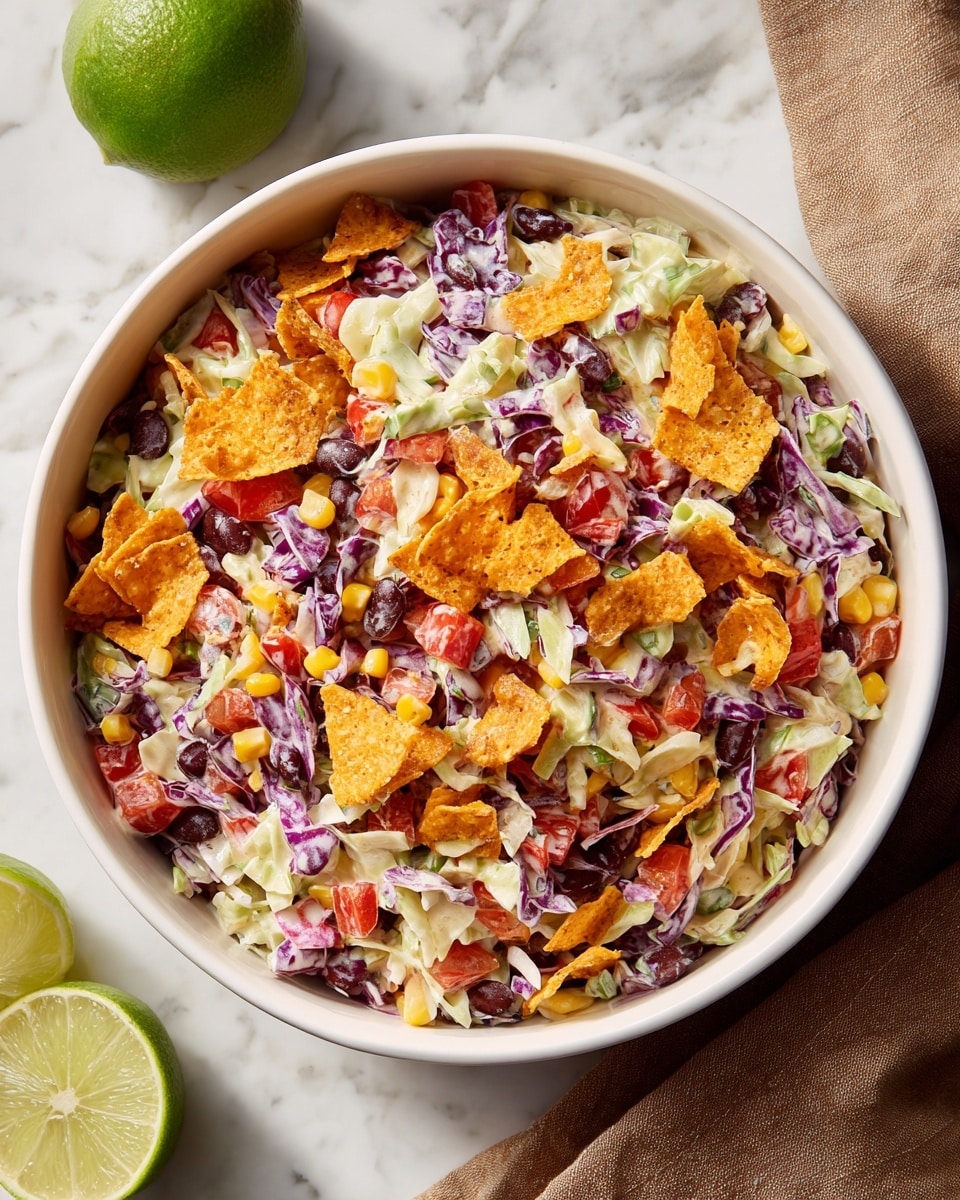 A white bowl full of layered salad sits on a white marbled surface. The bottom layer is a mix of creamy coleslaw made from shredded white and purple cabbage, giving a pale green and purple color with a smooth texture. Scattered throughout are small pieces of diced red tomatoes, yellow corn kernels, and black beans, adding bright pops of red, yellow, and black. On top, there are crunchy orange corn chips broken into pieces, creating an uneven crunchy texture and adding a warm orange tone. The salad is mixed with finely chopped green herbs, giving small green specks across the dish. Nearby, a sliced lime and part of a brown cloth can be seen in the background. photo taken with an iphone --ar 4:5 --v 7