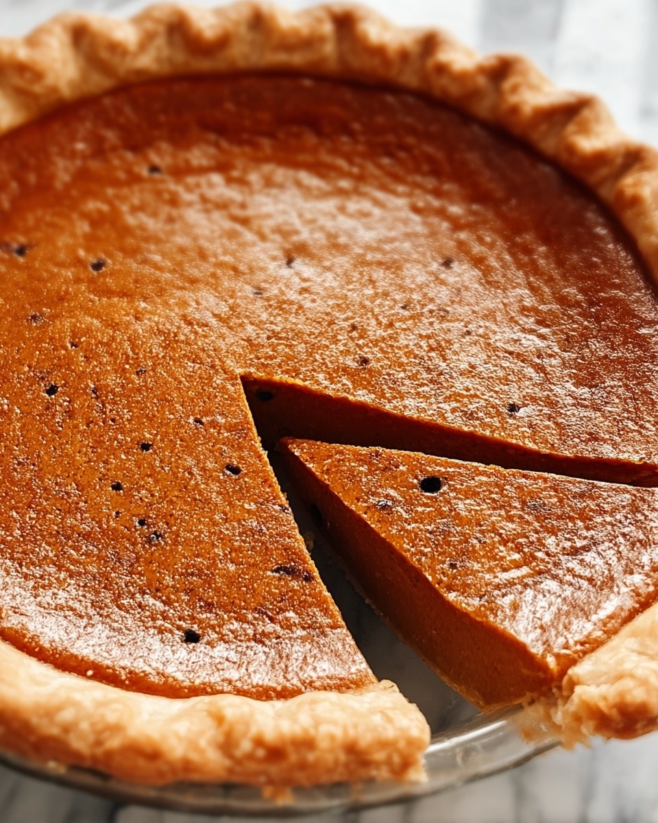 A close-up view of a pumpkin pie with one slice slightly cut out, showing a smooth, dense orange-brown filling with tiny black specks evenly spread throughout. The pie filling has a firm and slightly glossy texture, sitting in a light golden-brown flaky crust that edges the pie with small ridges. The pie is placed on a white marbled surface, and no other items are visible around it. Photo taken with an iphone --ar 4:5 --v 7