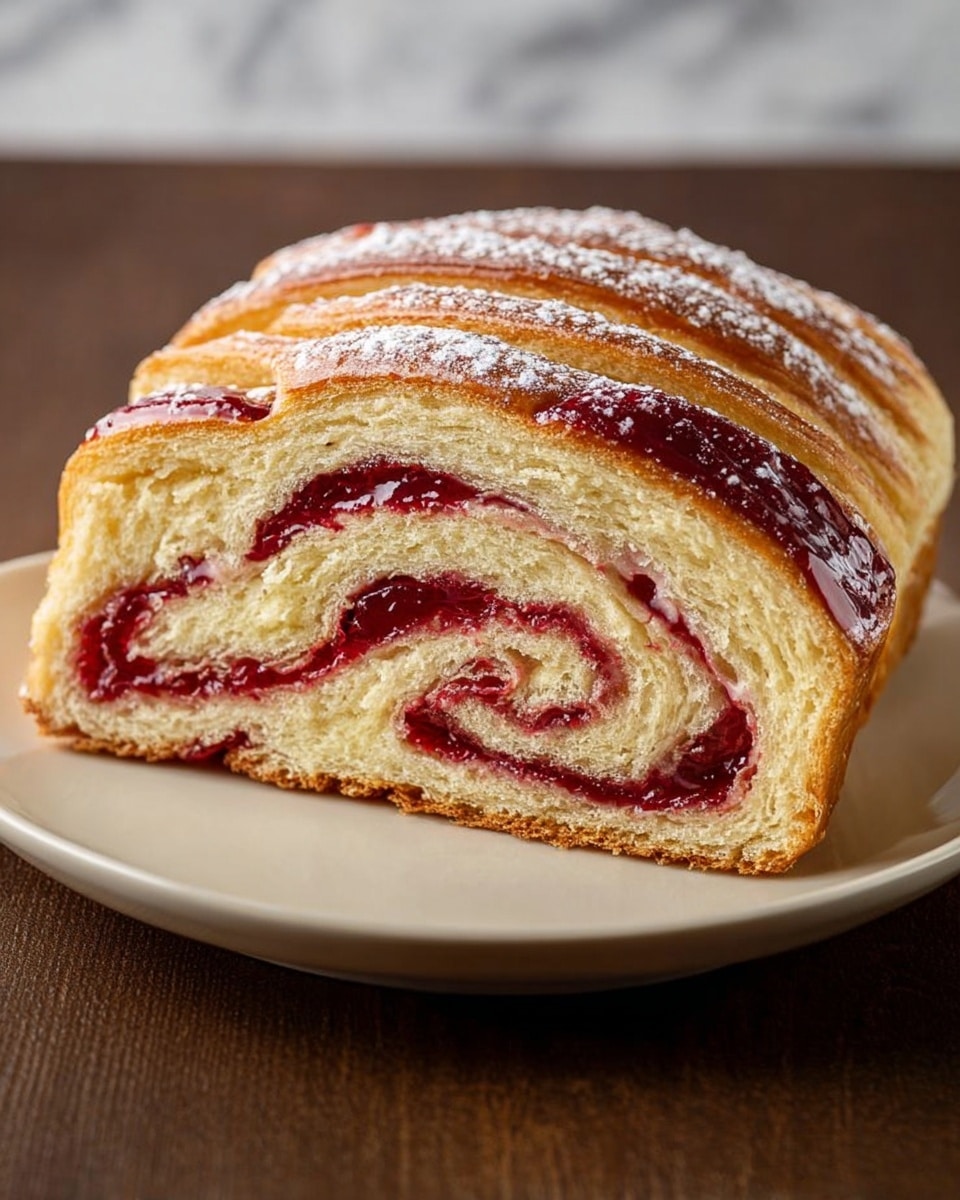 A thick slice of bread roll with a shiny golden-brown crust sits on a glossy white plate. The inside shows soft, light beige dough twisted into about four visible layers, filled with bright, deep red jam that swirls through each layer smoothly. The top has a light dusting of powdered sugar, and the texture of the dough looks fluffy and tender. The plate is set against a white marbled surface which contrasts with the warm tones of the bread and jam. photo taken with an iphone --ar 4:5 --v 7