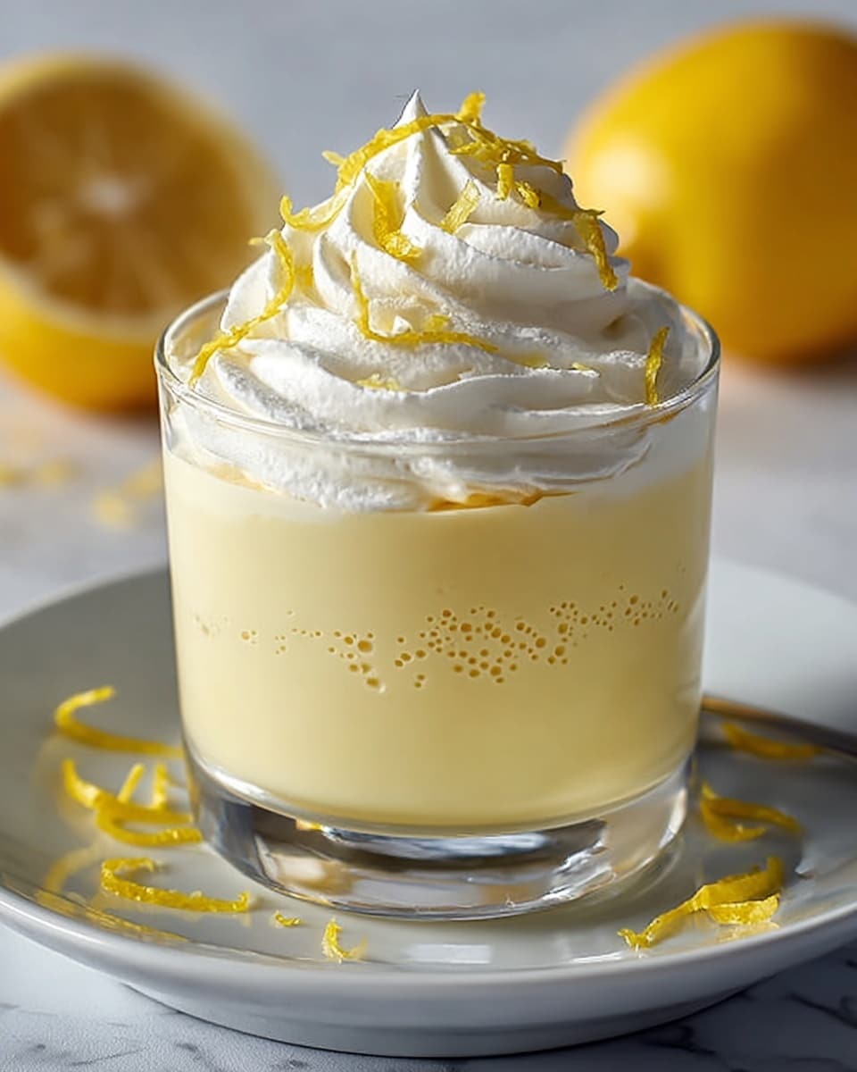 A clear glass holds a two-layer dessert with a thick, smooth, pale yellow lemon pudding base at the bottom, showing tiny air bubbles throughout. On top, a large swirl of soft, white whipped cream is added, decorated with thin, curly strips of bright yellow lemon zest scattered across the cream and slightly falling onto the pudding. The glass sits on a white plate which rests on a white marbled surface, with a lemon half and some more lemon zest pieces near it in soft focus, creating a fresh and bright atmosphere. photo taken with an iphone --ar 4:5 --v 7