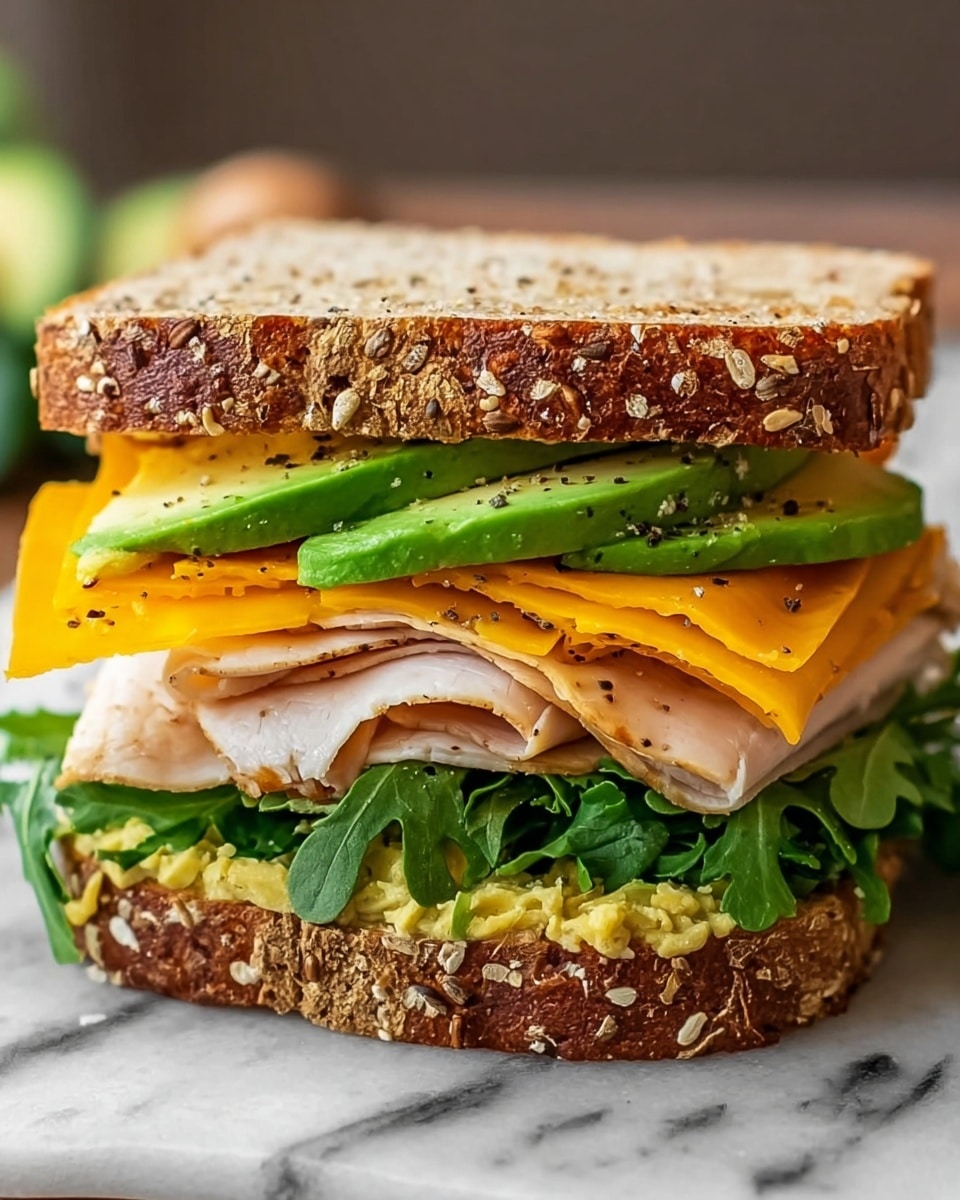 The image shows a sandwich made with two slices of multigrain bread with visible seeds on the crust. The bottom slice holds a layer of fresh green leafy lettuce, topped with a spread of light yellow mashed avocado. Above this spread, there are two thick slices of roasted turkey breast with a light drizzle of black pepper. Next is a layer of melted bright orange cheddar cheese, slightly folded, with slices of ripe green avocado placed on top. The sandwich is placed on a white marbled surface. photo taken with an iphone --ar 4:5 --v 7
