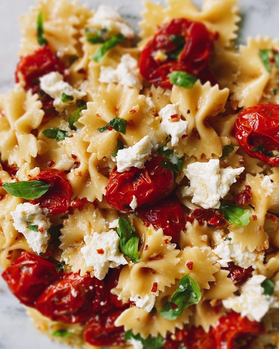 This dish is a close-up view of farfalle pasta mixed with three main layers: pale golden bowtie-shaped pasta as the base, roasted red cherry tomatoes scattered throughout adding bright red color and slightly wrinkled texture, and dollops of soft white ricotta cheese placed evenly on top. Small fresh green basil leaves are sprinkled across, giving spots of vivid green. The pasta and tomatoes look lightly coated with olive oil, which gives a subtle shine and smooth texture. The dish is presented on a white marbled texture surface. photo taken with an iphone --ar 4:5 --v 7