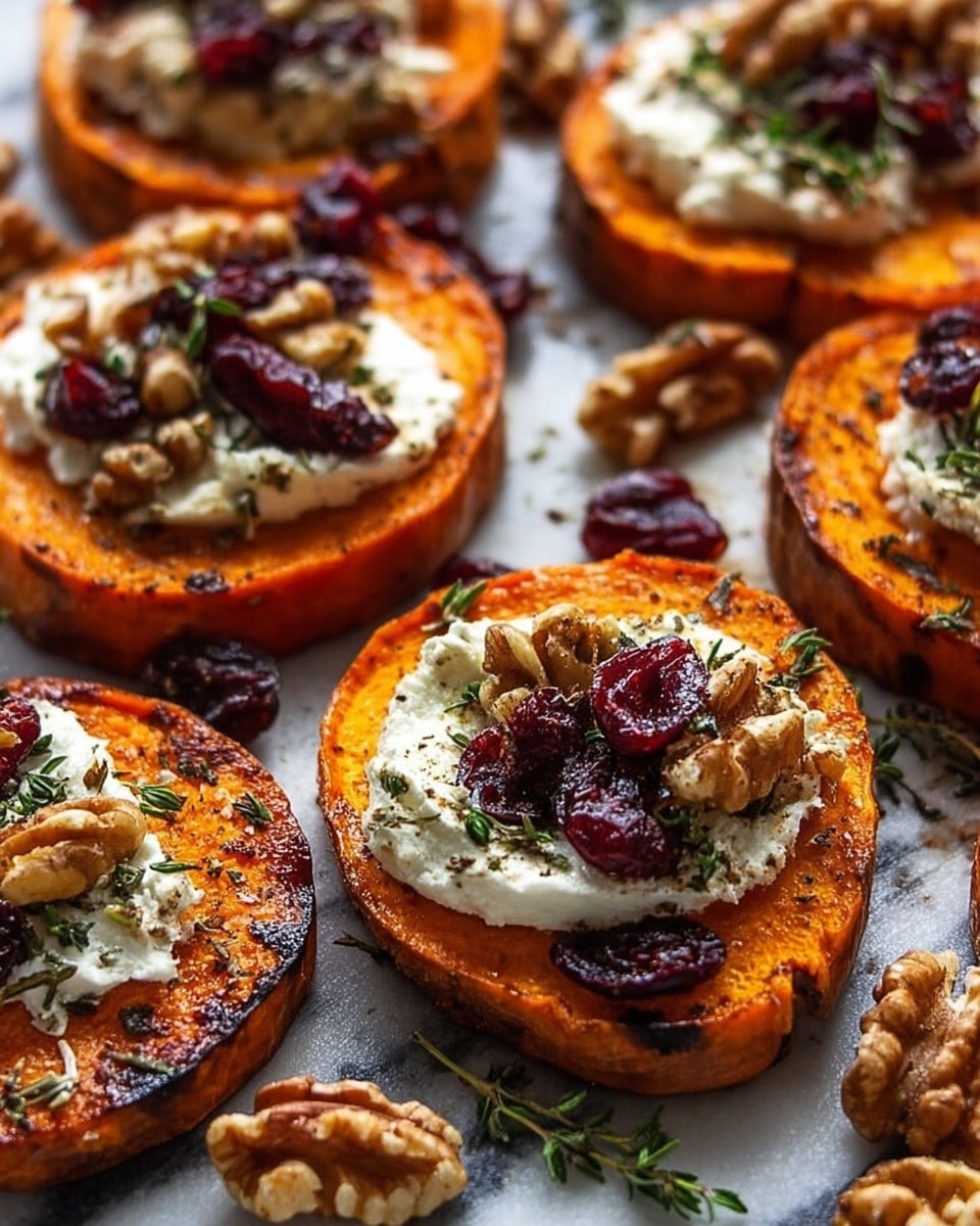 The image shows several thick, round slices of roasted orange sweet potato laid out on a white marbled surface. Each slice has a creamy white dollop of cheese or a soft spread in the center. On top of the white layer, there are dark red dried cranberries and light brown walnut pieces scattered with small green herb leaves, likely thyme, sprinkled over everything. The sweet potato slices have a slightly charred, caramelized look around the edges, giving them a warm and inviting texture. Extra walnuts and cranberries are scattered around the slices, adding a rustic feel. photo taken with an iphone --ar 4:5 --v 7